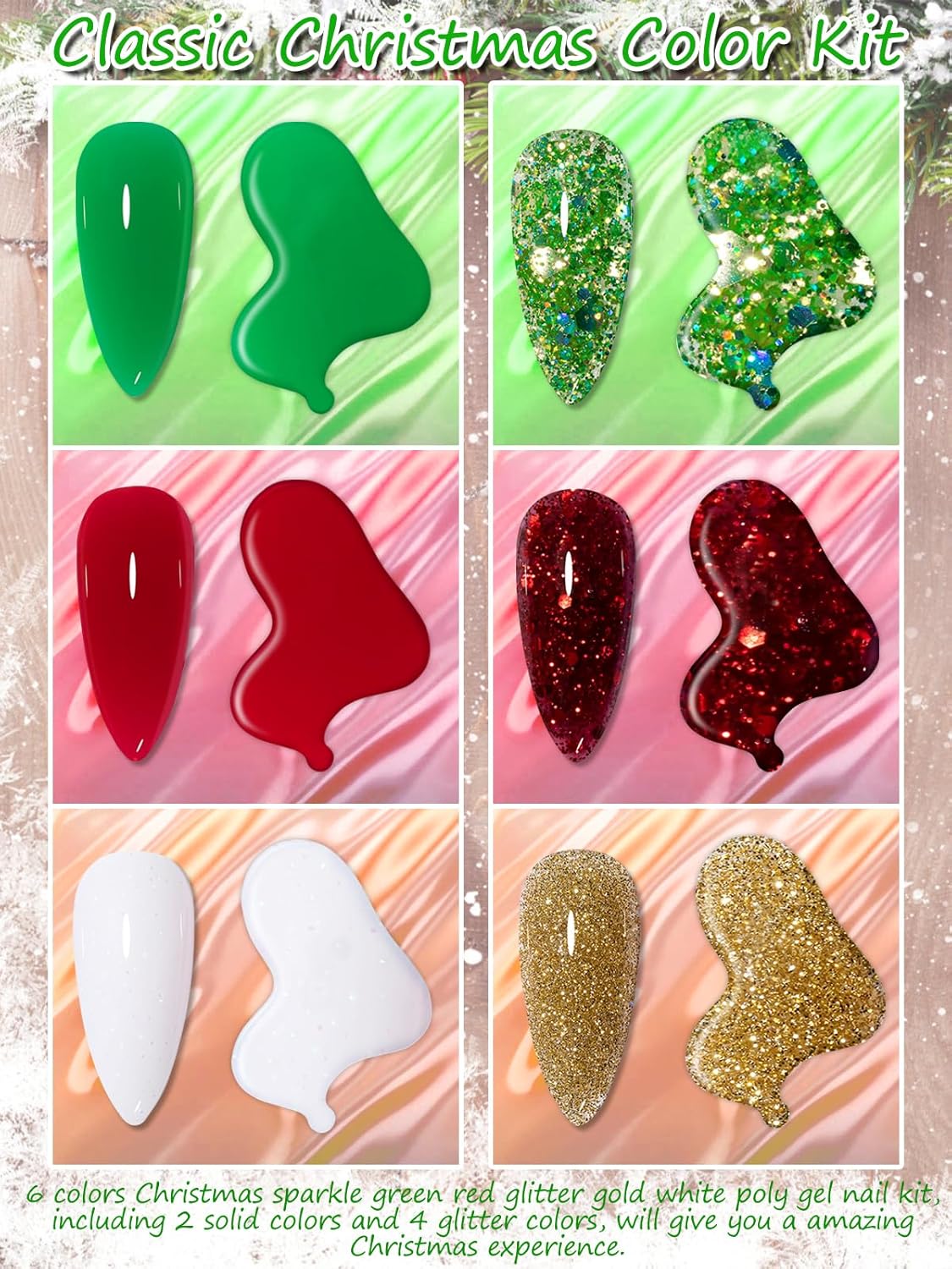 EBANKU – Kit de gel de extensión de uñas de poliéster de 6 colores, blanco, verde, rojo, purpurina, dorado, colores clásicos, día de San Valentín,