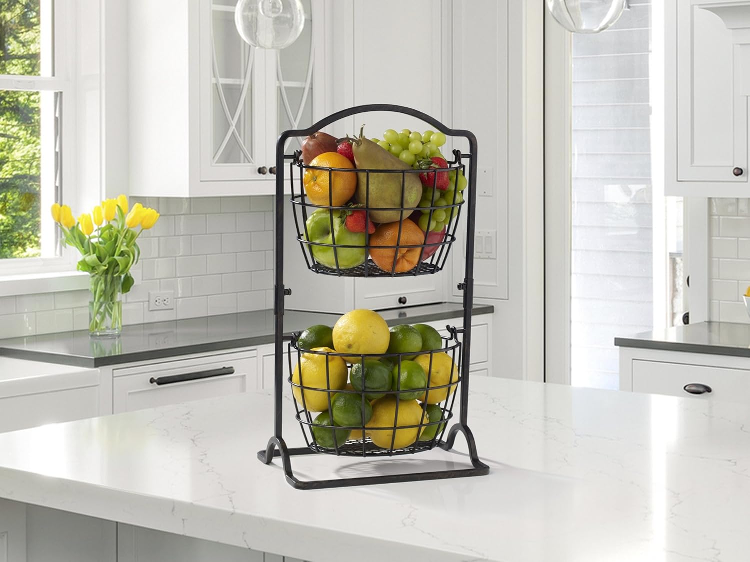 Gourmet Basics by Mikasa Harbor – Cesta de almacenamiento de frutas de metal de 2 niveles, color negro antiguo
