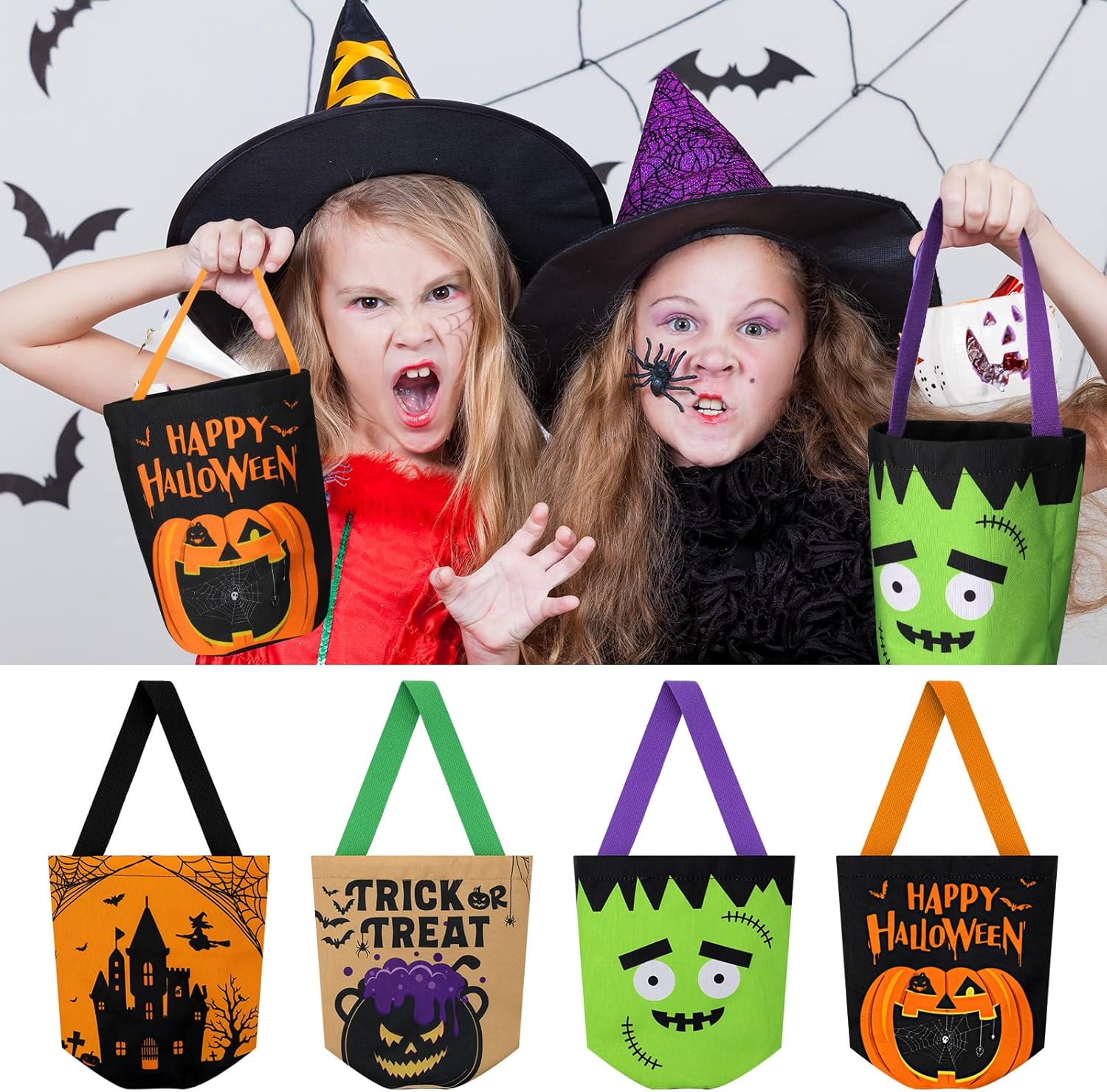 4 bolsas de Halloween para trucos o tratos, plegable, de lona, para caramelos, calabaza, murciélago, cubo de golosinas, cubo de golosinas