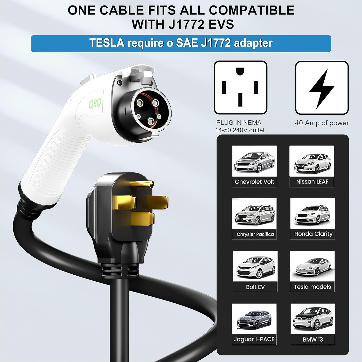 QPQ Cargador de nivel 2 ev de 48 amperios cargador EV nivel 2 NEMA 14-50 ev Cargadores para el hogar Nivel 2 Cargador de coche eléctrico Cable de 25