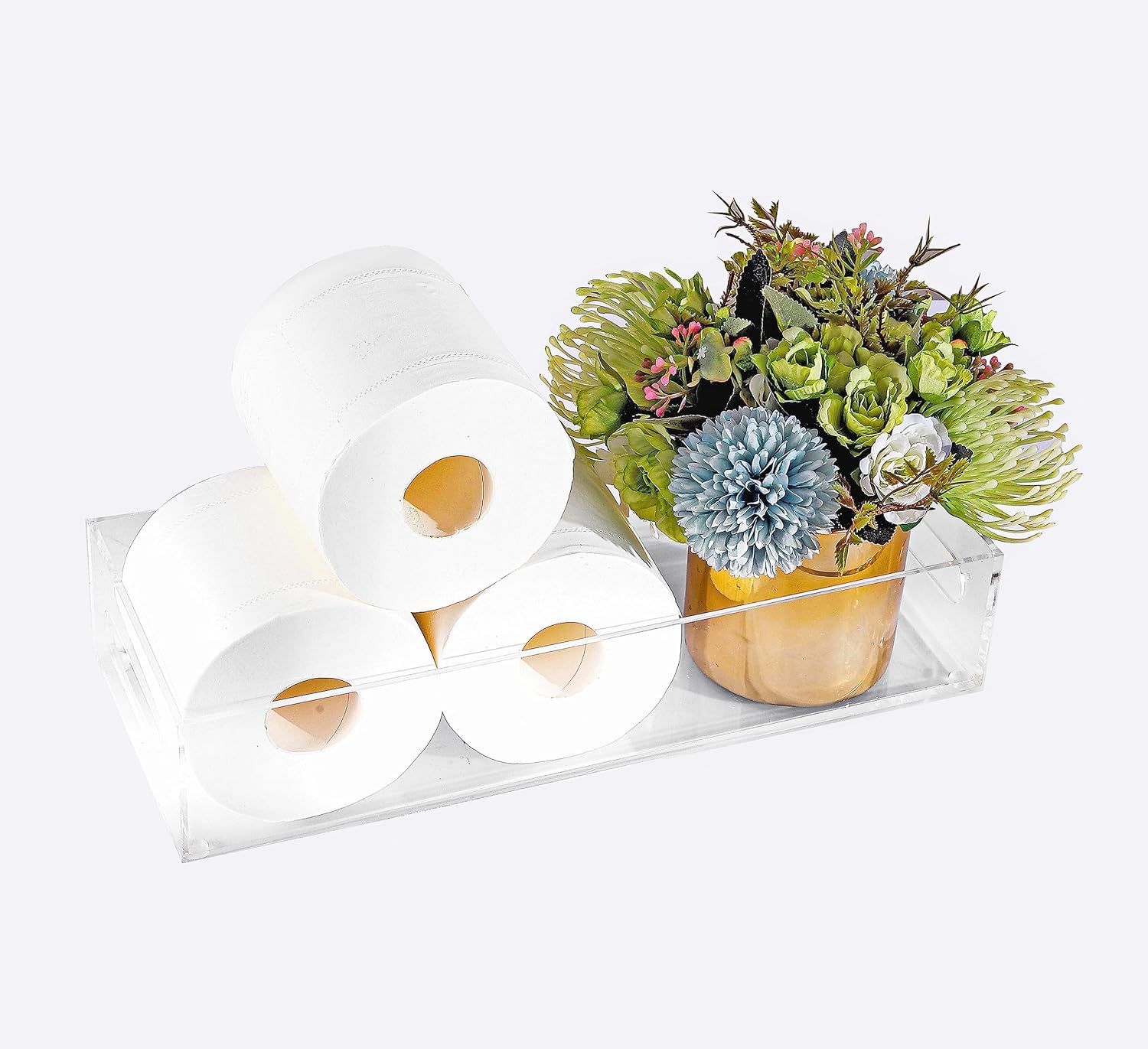 IEEK Cesta de papel higiénico, soporte de papel higiénico acrílico con bandeja de baño moderna con asa y alfombrillas antideslizantes para