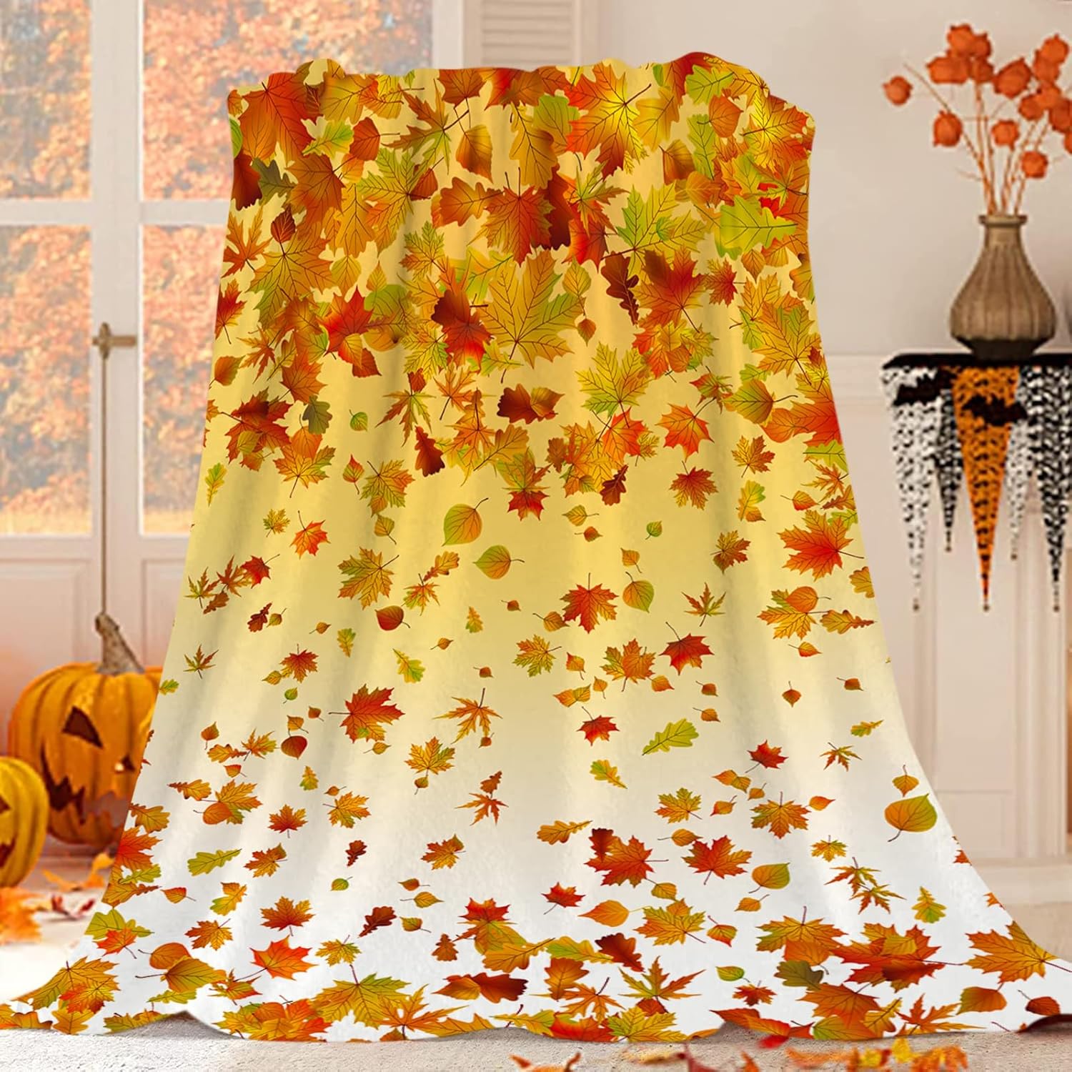 JOOCAR Manta de franela de hojas de otoño de 50 x 60 pulgadas, manta cálida de felpa acogedora y suave con hojas de otoño rojas y amarillas para