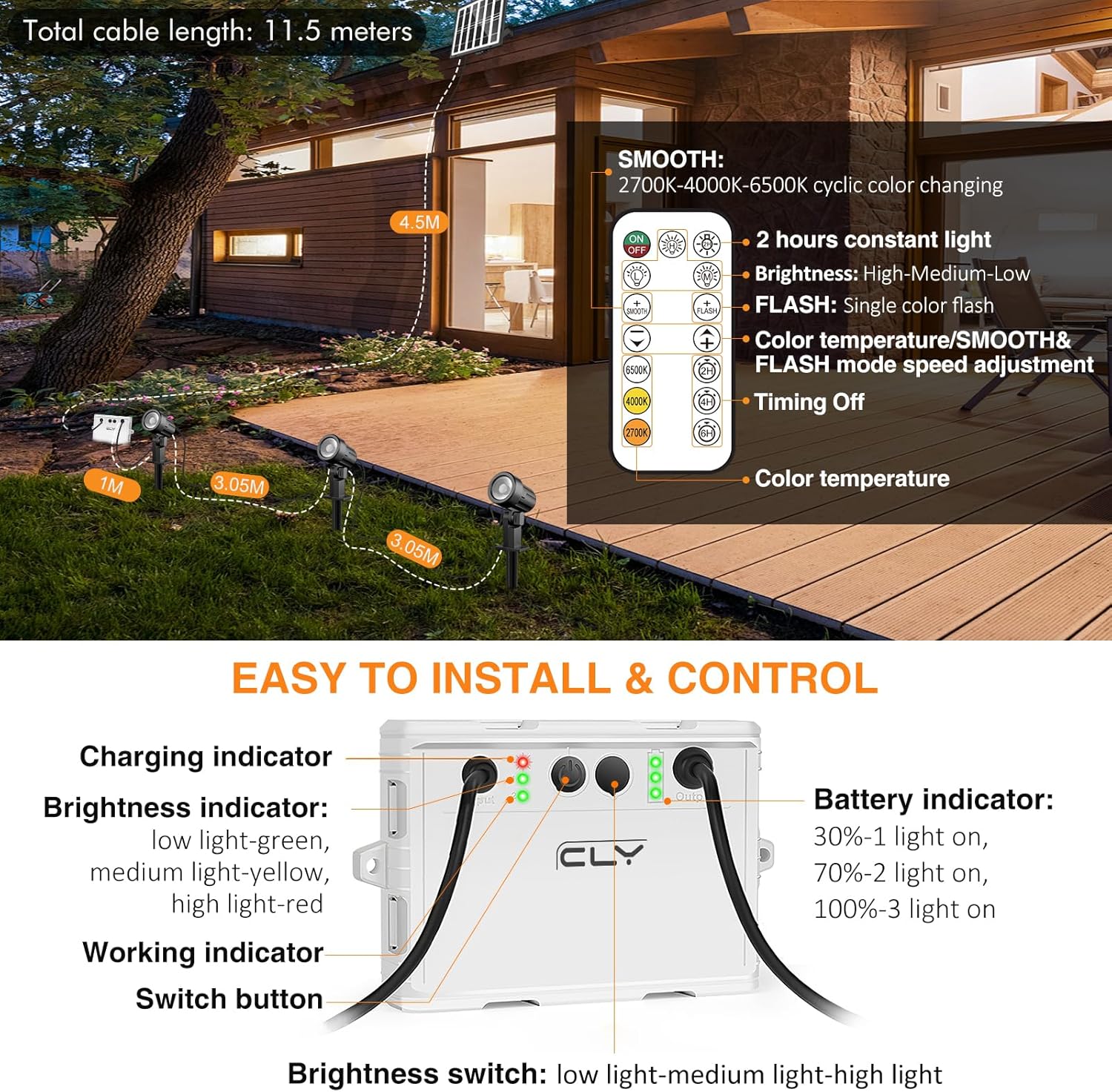 CLY Luces solares LED 3 en 1, IP66 impermeables para exteriores, 2 brillos de 3 colores, 6 V, 3 W, luces solares de encendido y apagado automático,