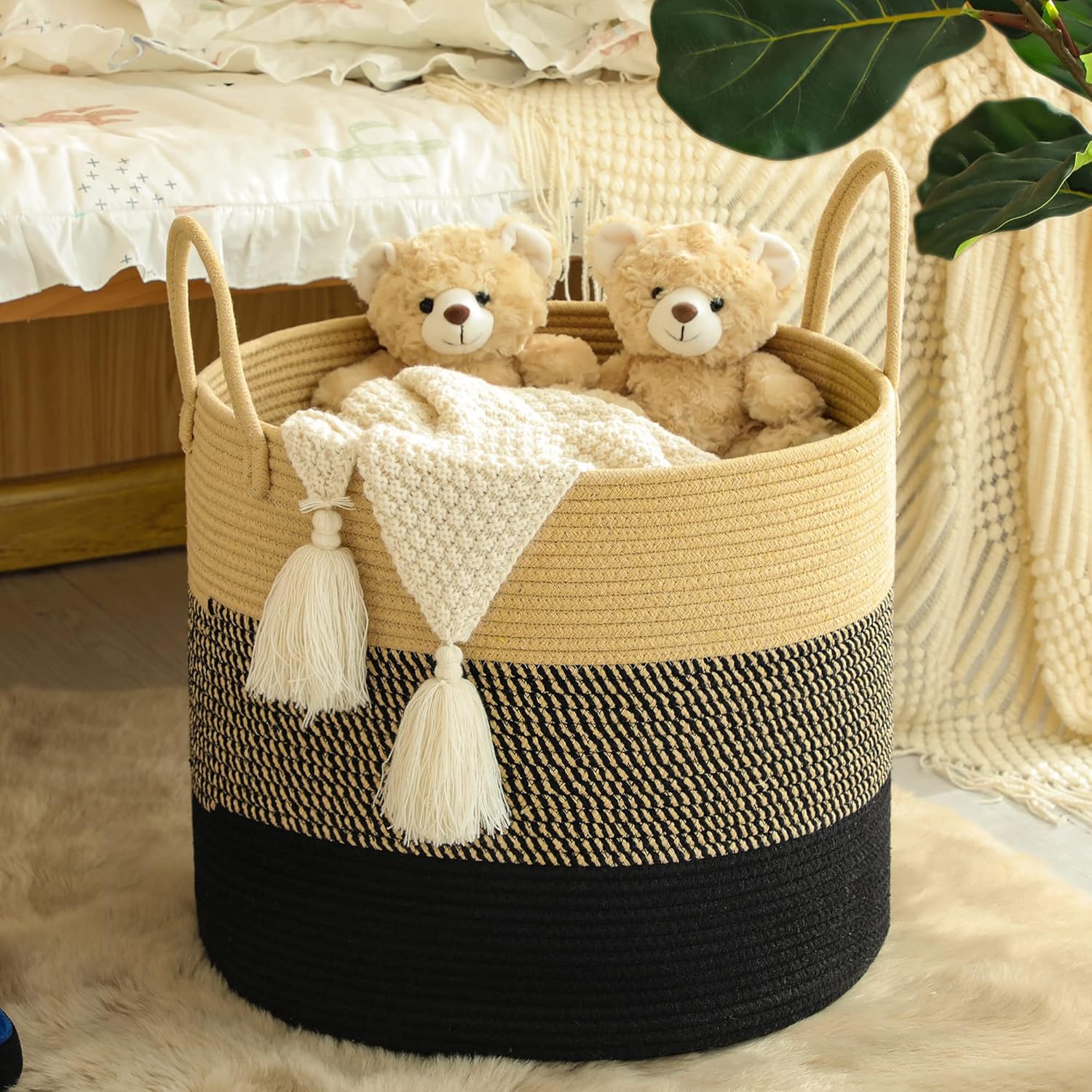 KAKAMAY Cesta grande para mantas (18 x 18 x 16 pulgadas), cesta tejida para ropa sucia para bebé, cestas de cuerda de algodón para guardería,