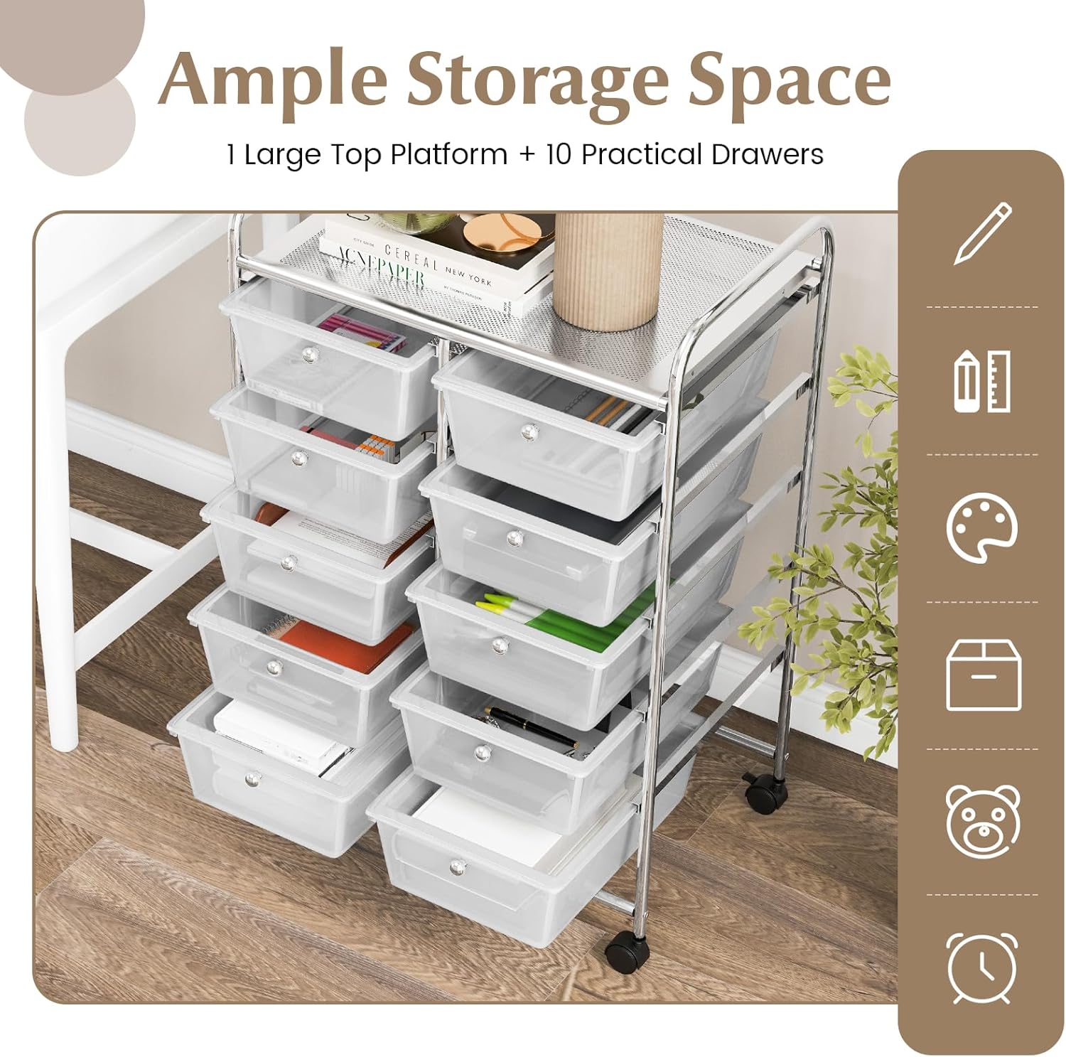 GOFLAME Carrito de almacenamiento con ruedas de 10 cajones, organizador de almacenamiento de manualidades sobre ruedas, carrito móvil multiusos para