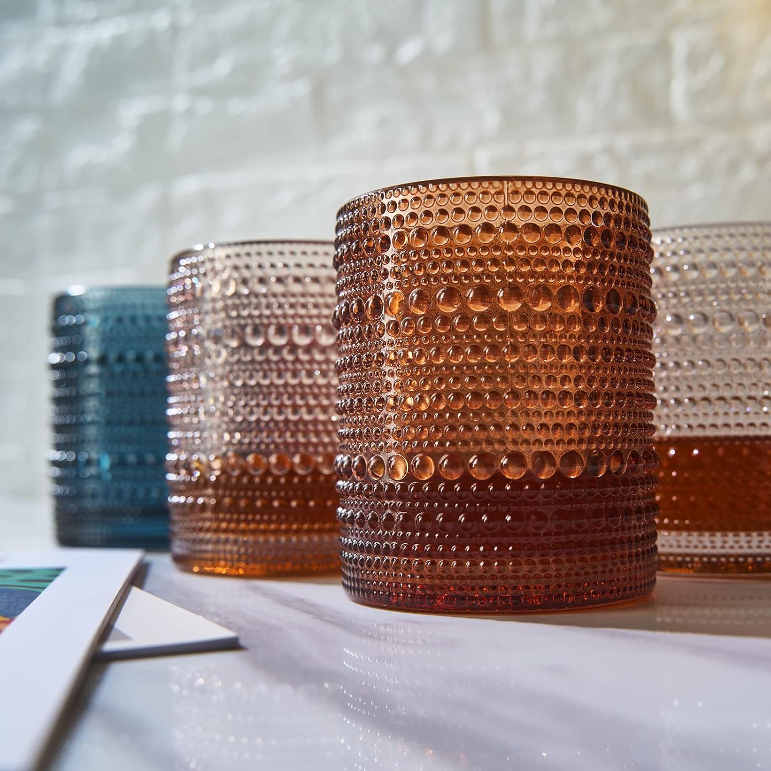 Khen Juego de 6 vasos con cuentas, diseño vintage de hobnail de 11 onzas, diseño de burbujas apagadas para whisky, anticuado, diseño en relieve,