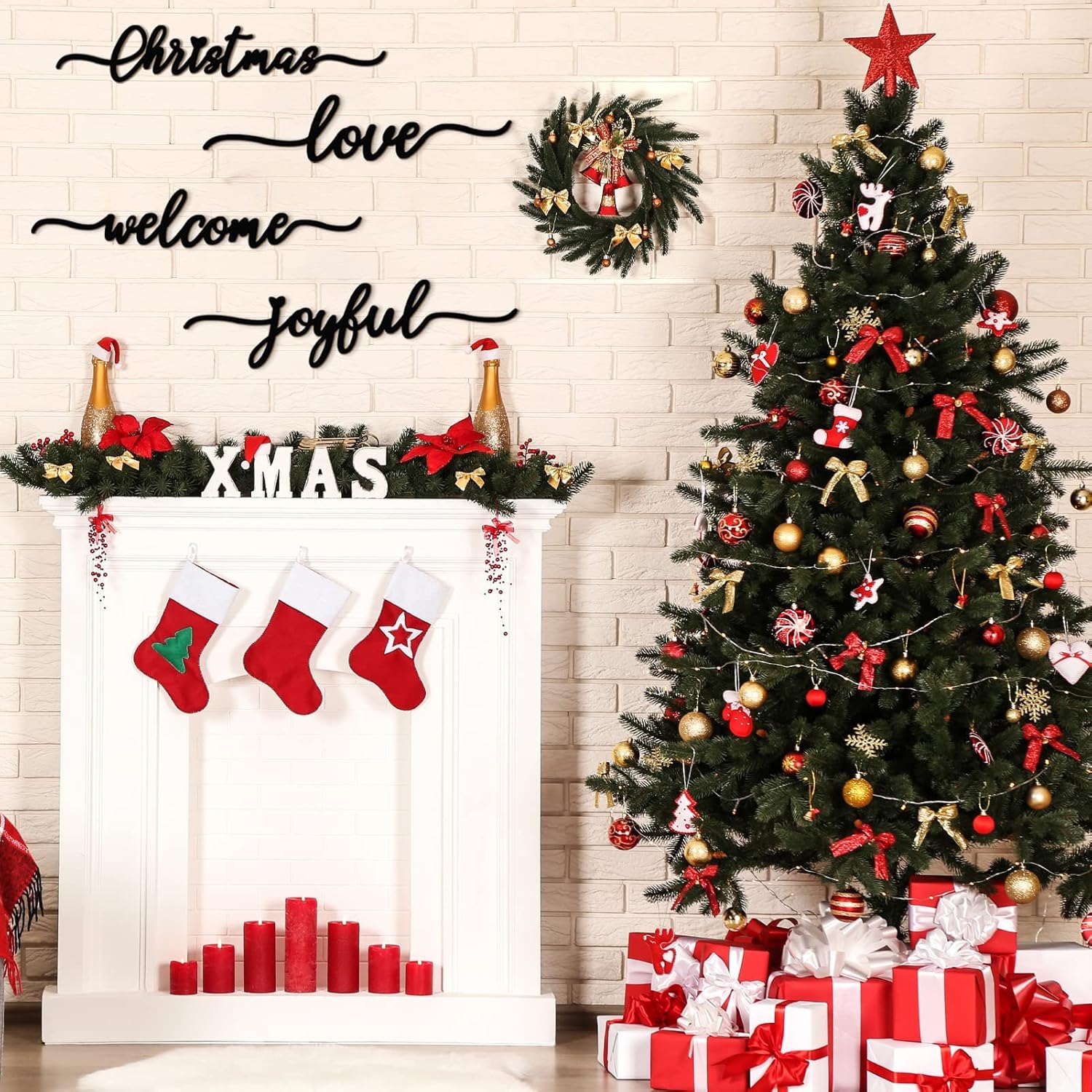 BORAMDO Letrero de pared de madera de Navidad, 12 piezas, recortes de palabras de madera para decoración del hogar, placa de mesa, adornos rústicos,