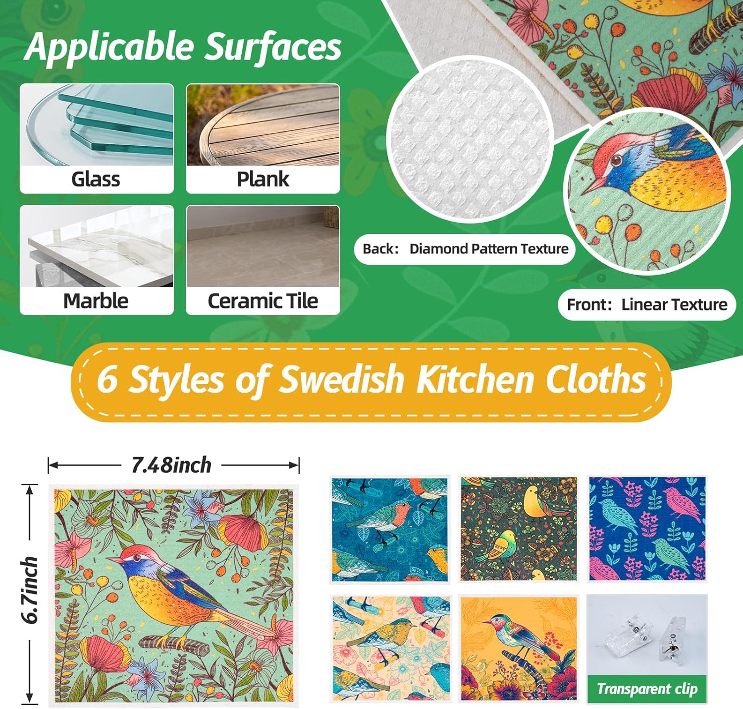 Paquete de 6 paños de cocina suecos para cocina, absorbentes y de secado rápido, toallas de cocina decorativas reutilizables, biodegradables, no se