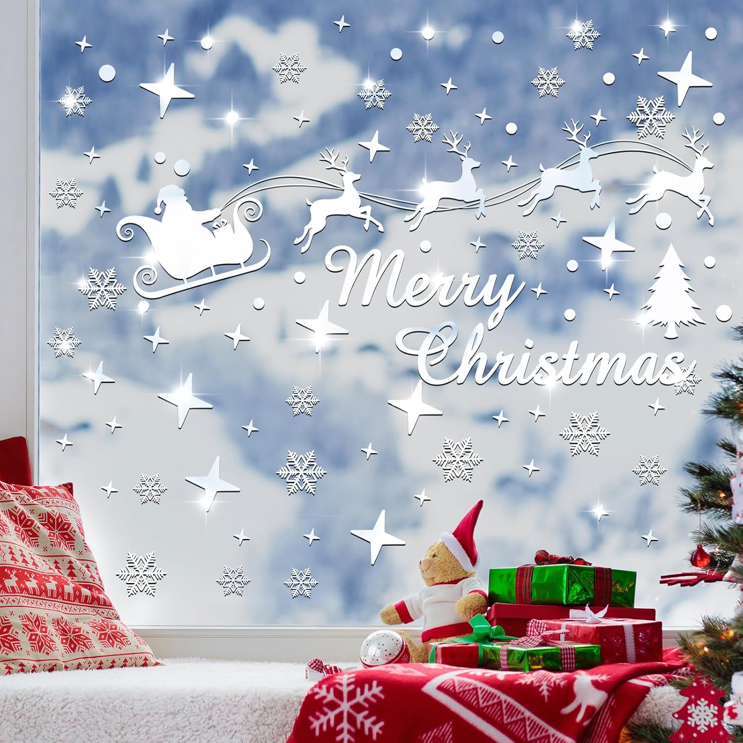 Calcomanías de pared de espejo de Navidad, Feliz Navidad, Papá Noel, reno, copos de nieve, espejo de ventana, se adhiere a la pared, calcomanías de