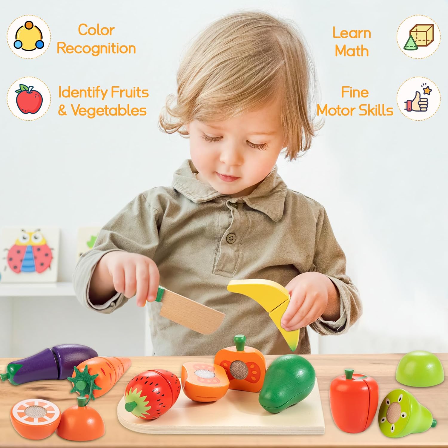 Comida de madera para niños pequeños, juego de corte de frutas y verduras con velcro para niños, accesorios de cocina para niños y niñas de 3, 4, 5,