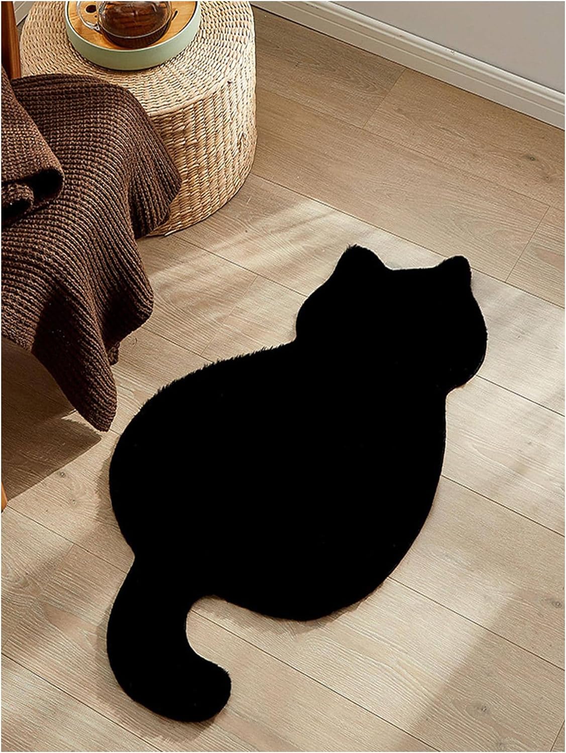 QWINEE Alfombra de felpa con forma de animal de gato, antideslizante, suave, gruesa, para mascotas, baño, sala de estar, cocina, color negro, 30 x