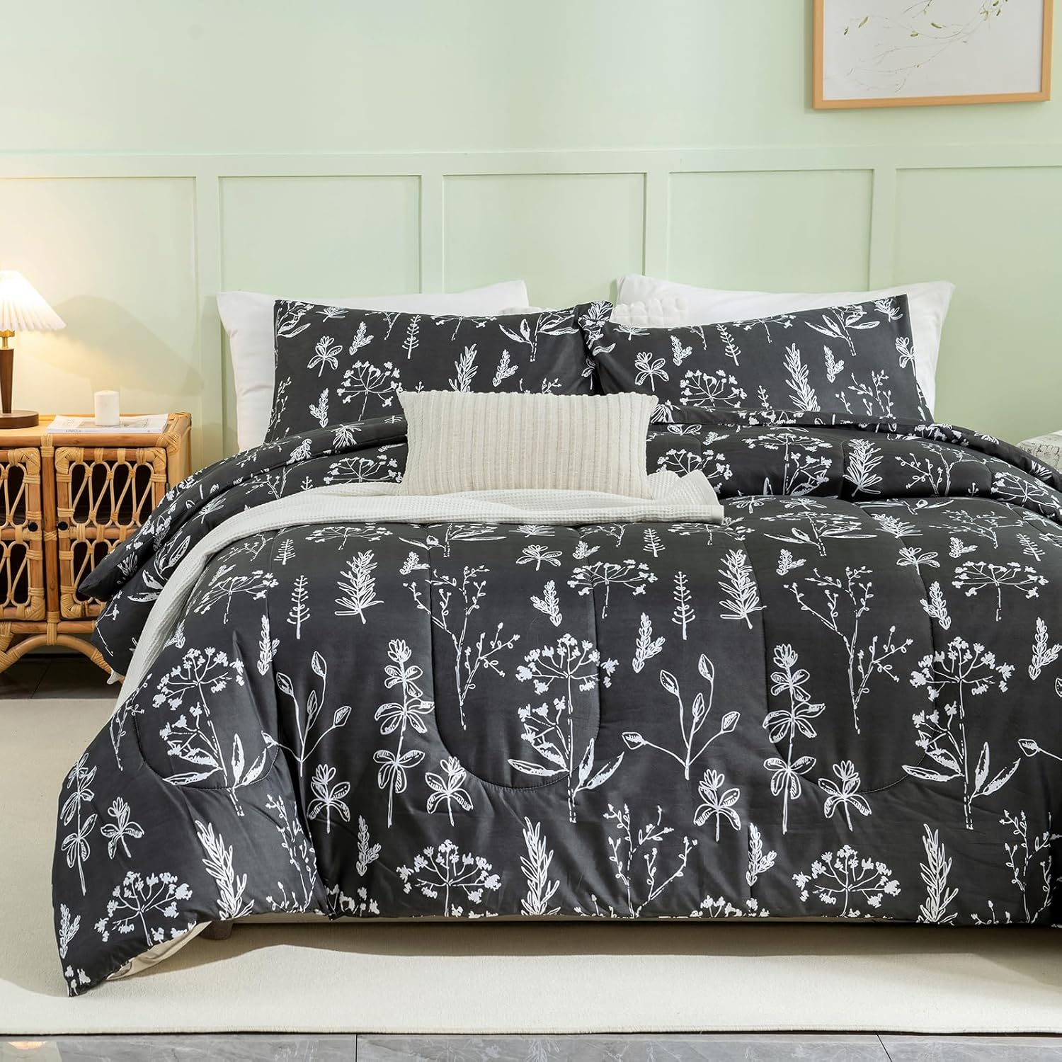 Herside Juego de edredón floral negro tamaño Queen, juegos de ropa de cama de granja, edredón floral suave y ligero con plantas, juego de ropa de