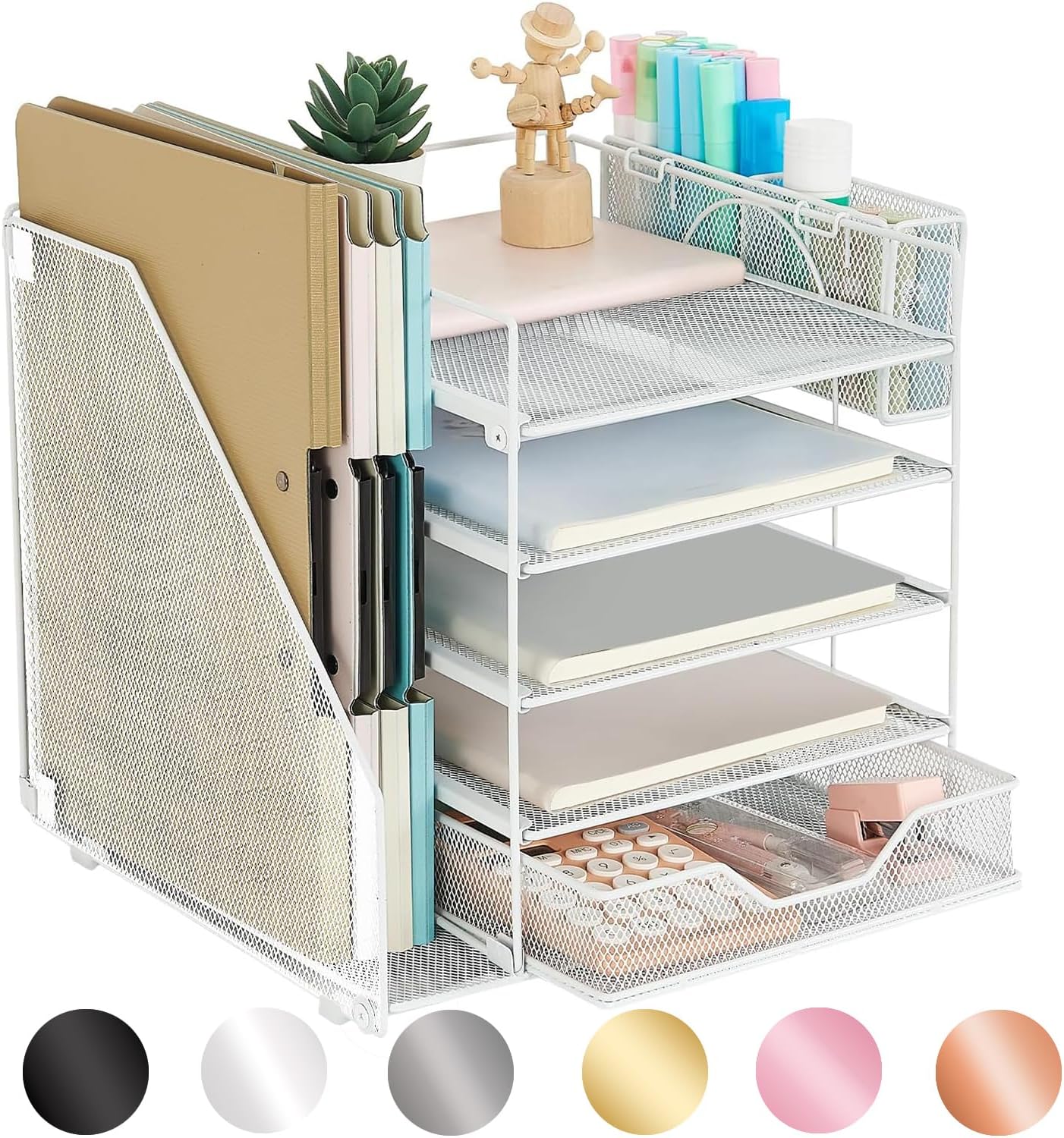gianotter Organizador de bandeja de papel de 5 niveles con soporte para archivos, organizador de escritorio con cajón y soporte para bolígrafos,