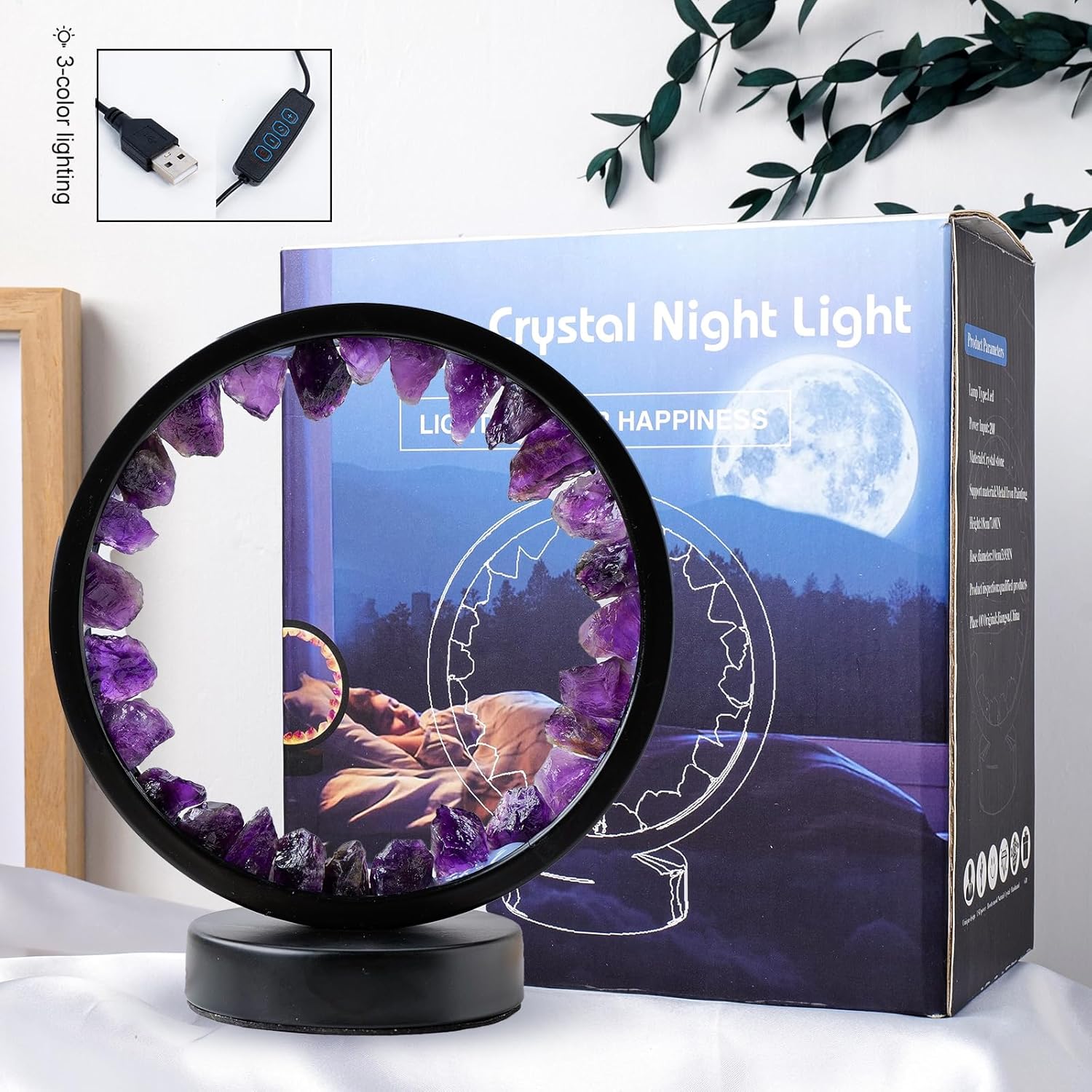 Runyansghi – Lámpara de noche de amatista de 8.6 pulgadas, cristal curativo natural, puerto USB, 3 colores, modo de atenuación, lámpara de noche
