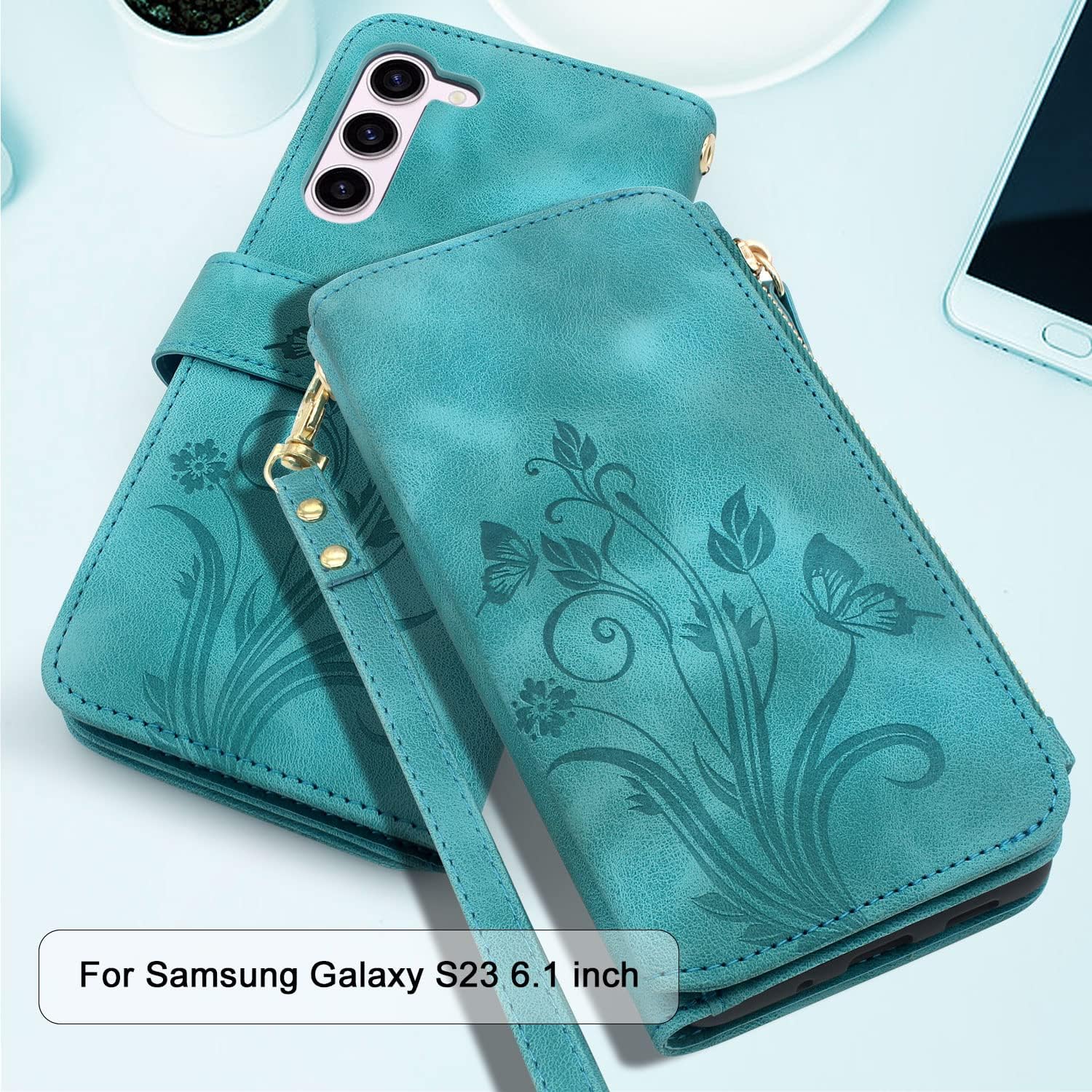 Lacass Funda de piel con cierre para Samsung Galaxy S23 5G de 6.1 pulgadas (6.1 pulgadas, azul y verde)