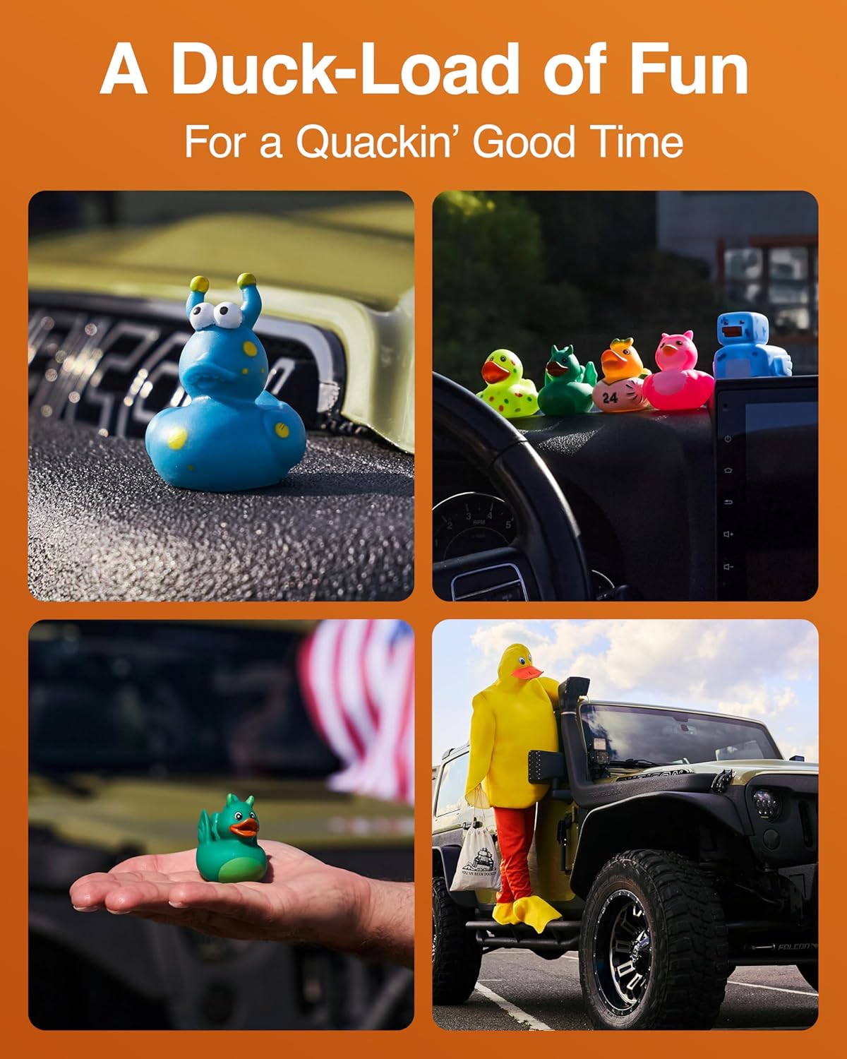 Kit de 76 piezas que incluye patos de goma, bolsa de pato para Jeep, tarjetas de ducking Jeep y bandas de goma, además de la aplicación móvil