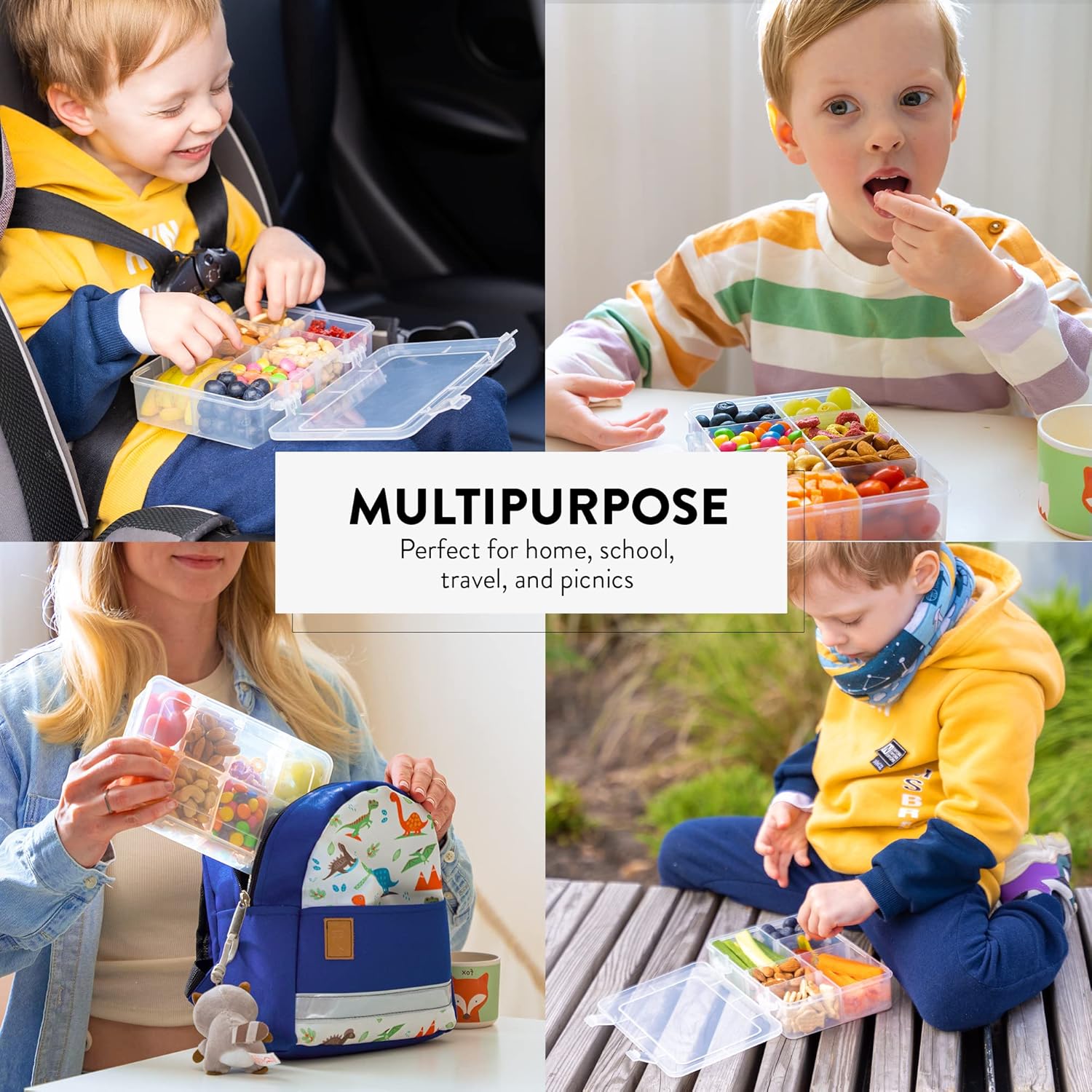 Juego de cajas de aperitivos para niños, 8 compartimentos, solución reutilizable para aperitivos con 100 etiquetas solubles, fácil de limpiar, apto