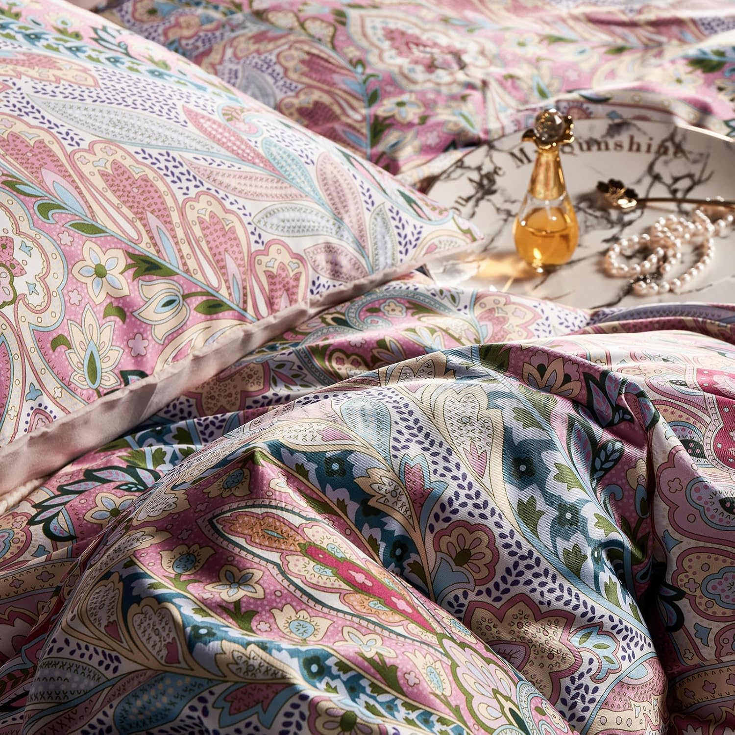 Jemiipee Juego de edredón de cachemira rosa, juego de ropa de cama de 3 piezas, lujoso, suave, bohemio, floral, tamaño King, juego de edredón