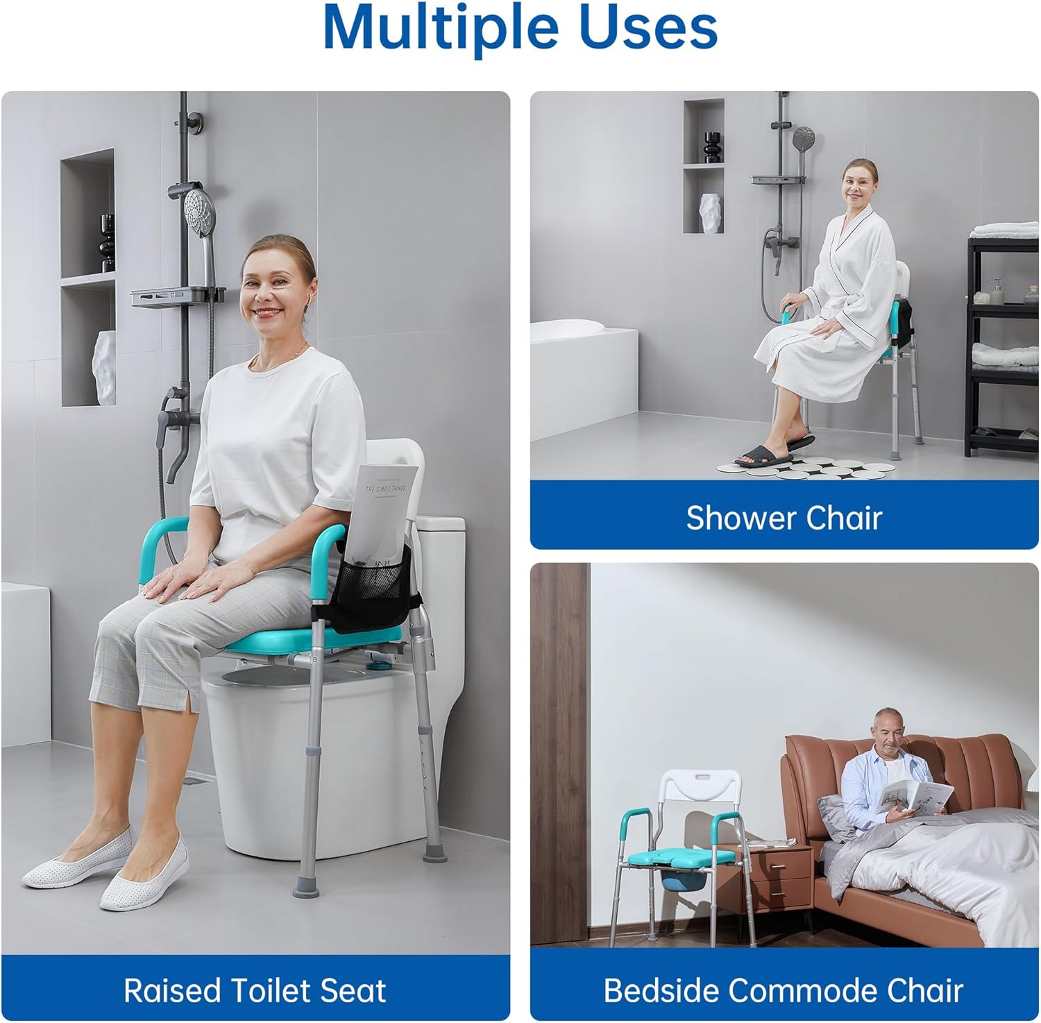Asiento de inodoro elevado con reposabrazos y respaldo, Elevador de asiento de inodoro elevado, Silla médica de mesita de noche, Silla de ducha con
