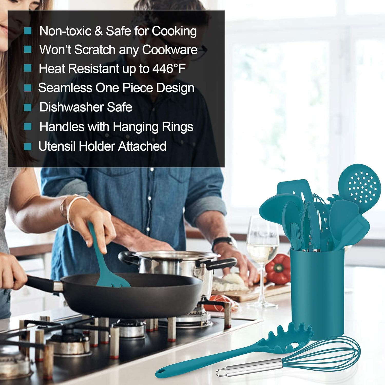 LIANYU Juego de utensilios de cocina de silicona de 12 piezas con soporte, herramientas de cocina que incluyen espátula ranurada, cuchara, cucharón,