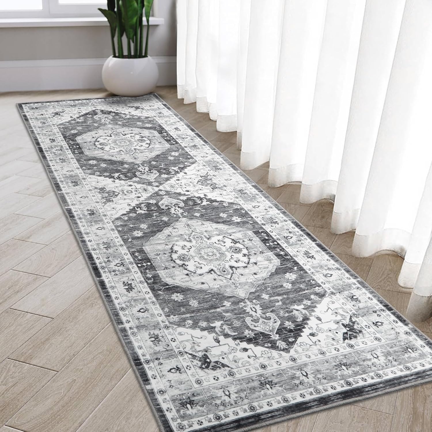 RUGSREAL Alfombra bohemia lavable de 2 x 6 pies, alfombra larga lavable para pasillo, tapete de cocina, tapete floral, antideslizante, no desprende