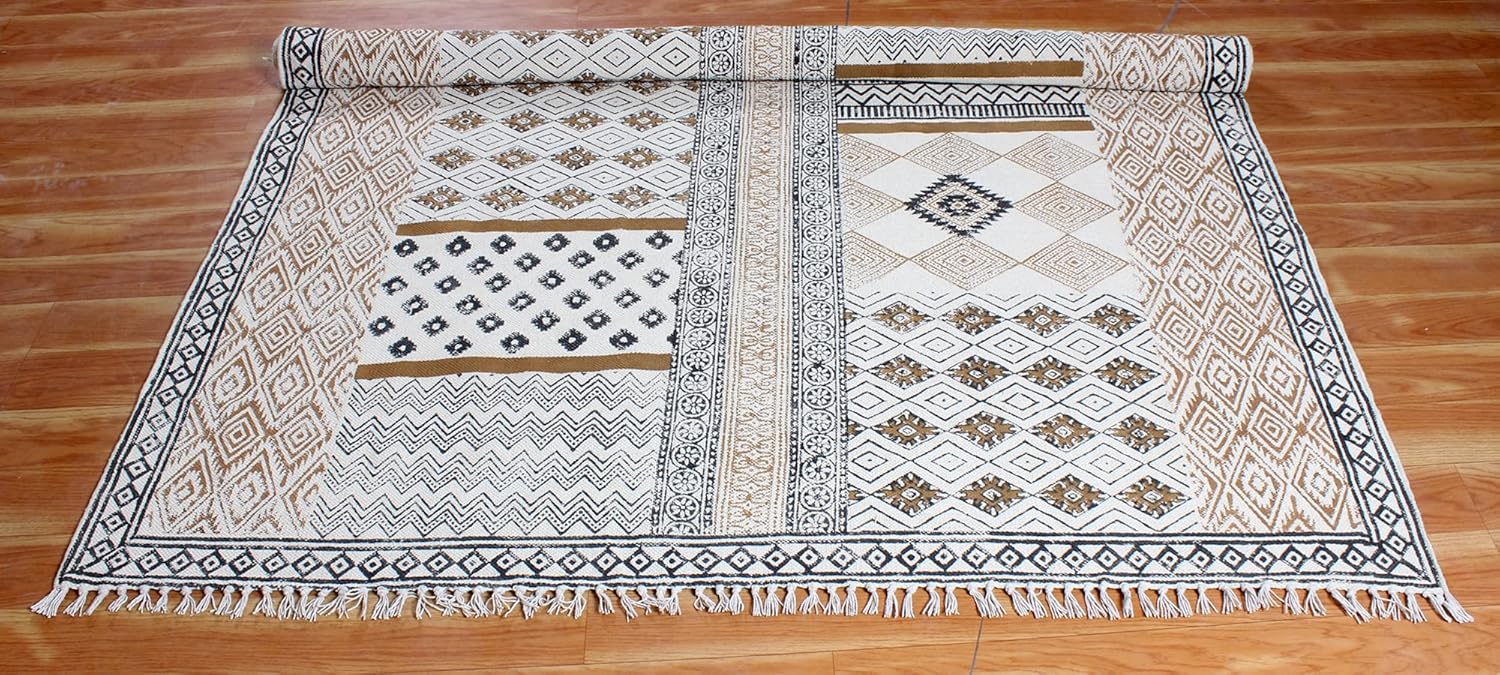 Collection – Alfombra rectangular de 5 x 8 pies, color marrón y negro, de algodón, diseño geométrico Dhurrie, para interiores y exteriores, para