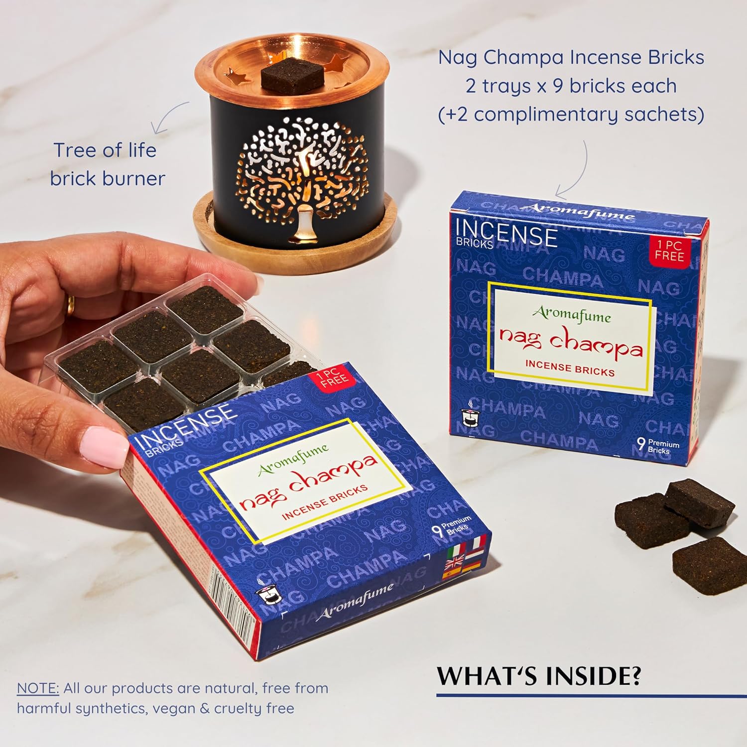 Nag Champa – Ladrillos de incienso (2 x 9 ladrillos) y quemador de incienso exótico del árbol de la vida por Aromafume  Fabricado con sándalo,