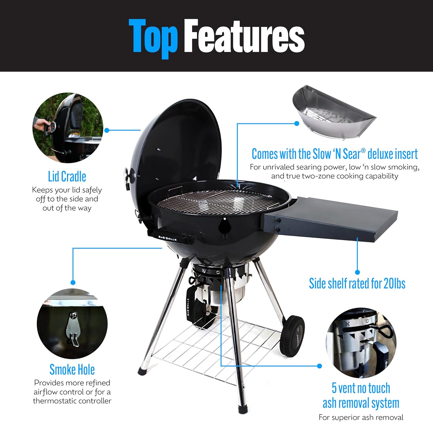 SnS Grills Slow ‘N Sear – Parrilla de hervidor con inserto de lujo y rejilla de fácil giro para cocinar a la parrilla de carbón de dos zonas, ahumar