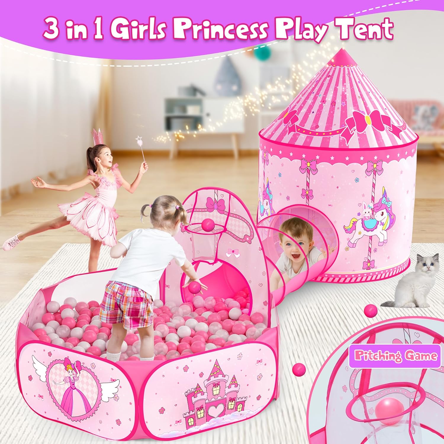 Tienda de campaña de princesa 3 en 1 para niños casa de juegos desplegable para niños pequeños con túnel de gateo, piscina de pelotas y tienda de
