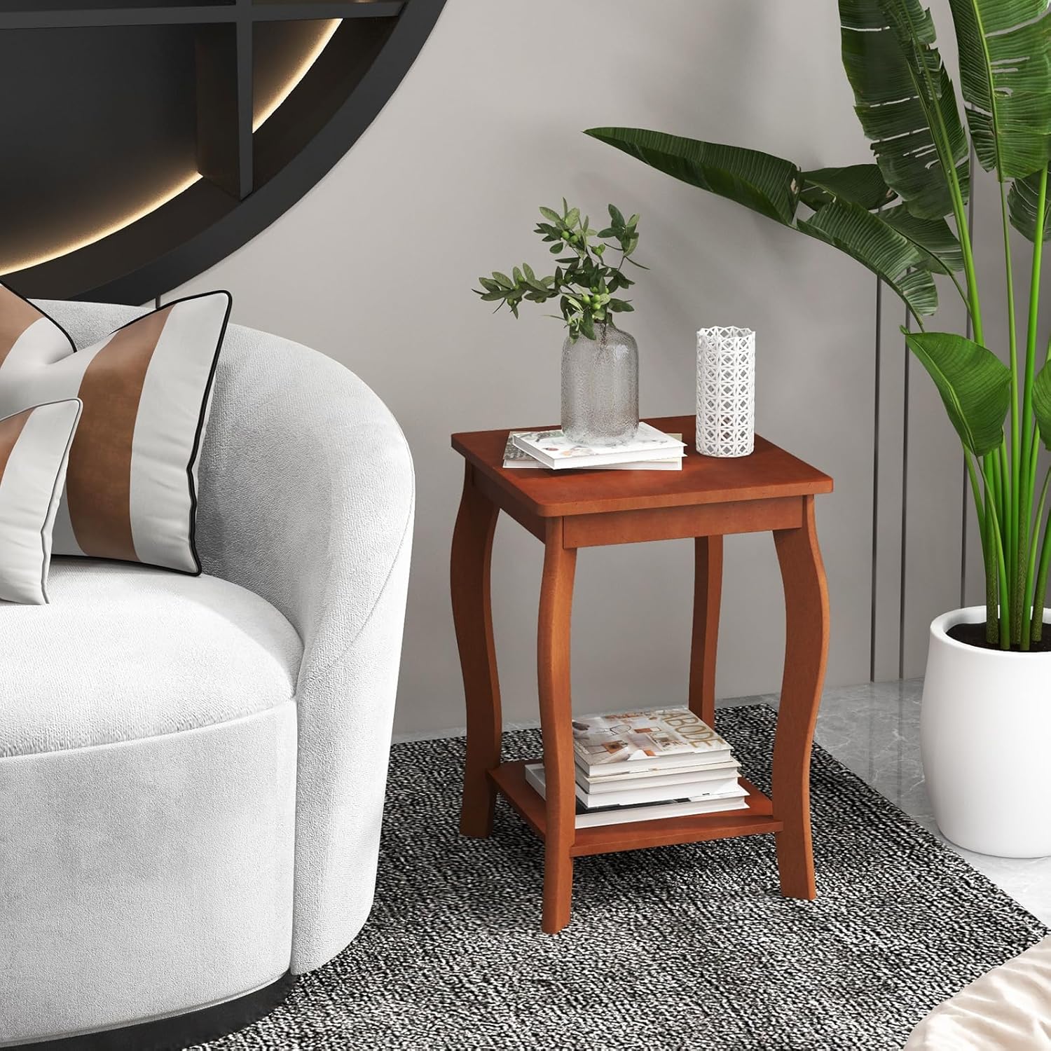 GOFLAME Mesa auxiliar cuadrada de 2 niveles, moderna mesa auxiliar de sofá con estante de almacenamiento, patas de madera maciza, mesa de acento
