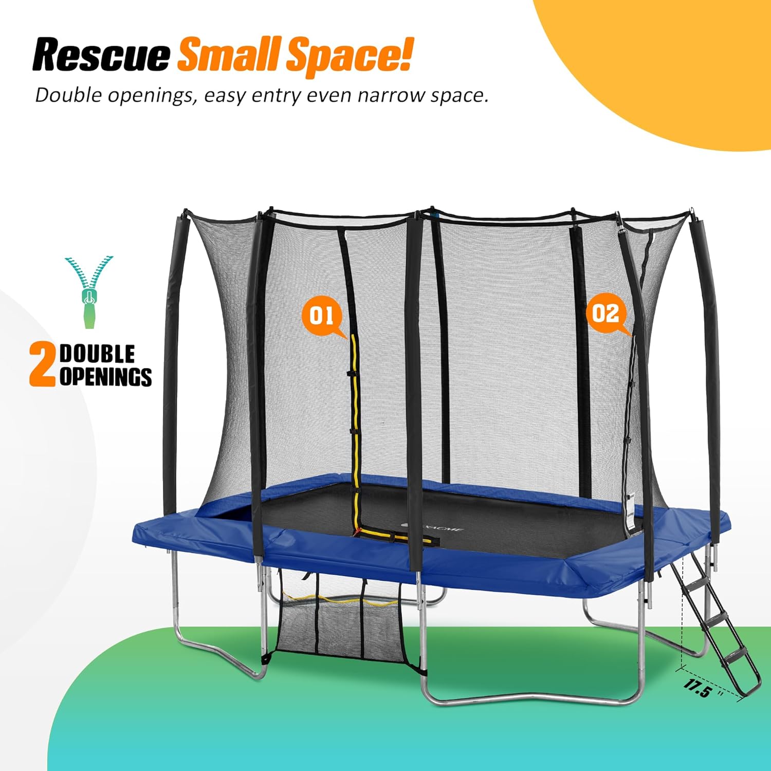 Exacme Trampolín rectangular de 7 x 10 y 8 x 12 pies para niños, doble abertura, pequeño trampolín rectangular para exteriores con red de cierre, 4