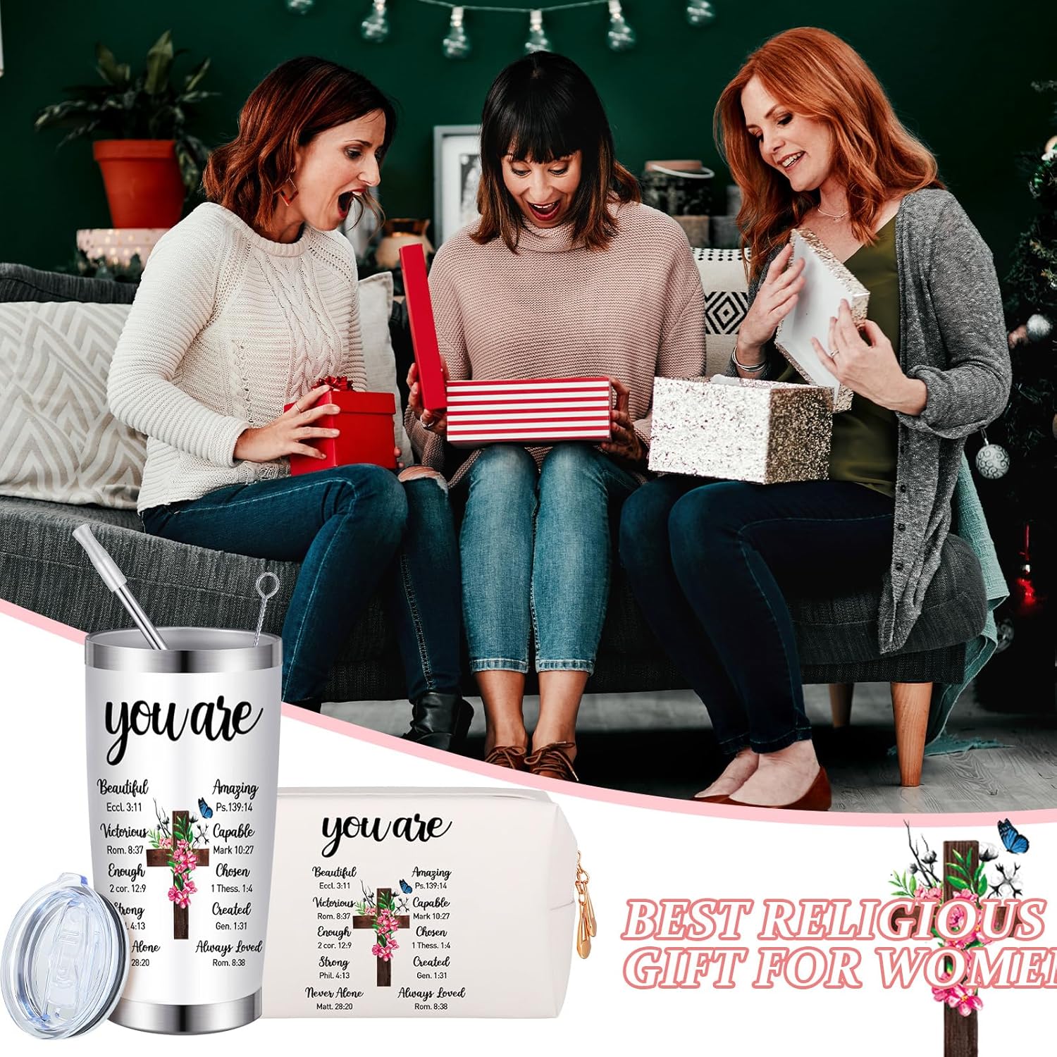 Tioncy Regalos cristianos para el día de la madre, regalos espirituales para mujeres, vaso de acero inoxidable de 20 onzas y bolsa de cosméticos