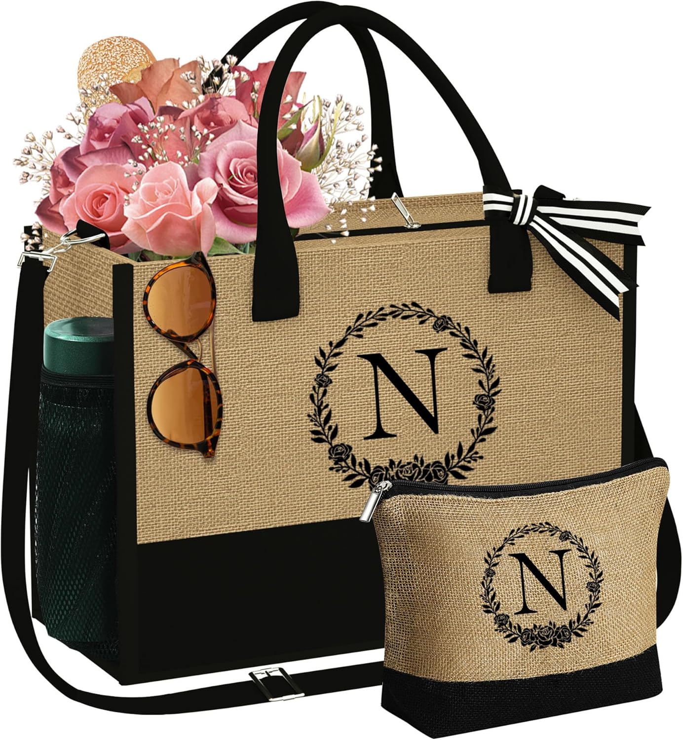 Bolsa de yute para mujer, bolsa de monograma y bolsa de maquillaje, regalos para mamá, amiga, dama de honor, cumpleaños personalizado