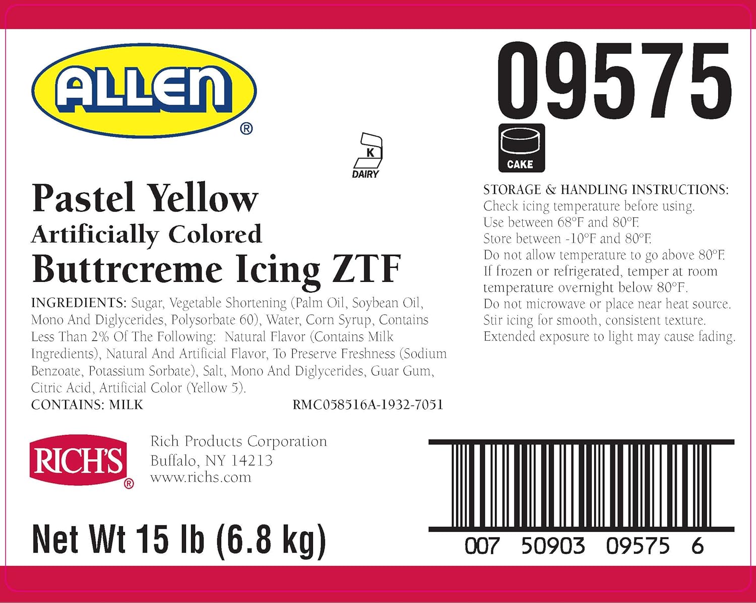 Rich’s JW Allen Glaseado de Buttrcreme prebatido ZTF, amarillo pastel, 15 libras