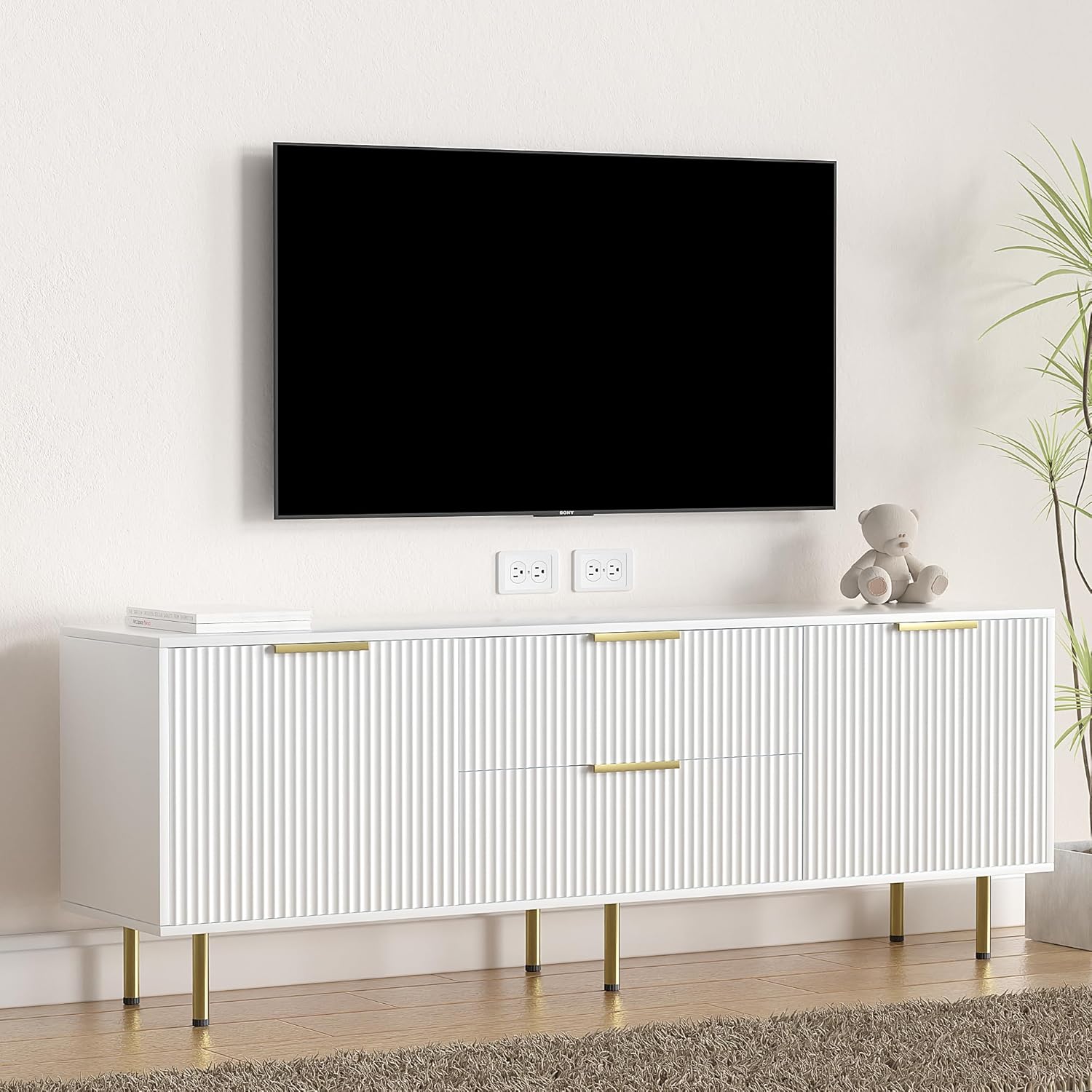 Furniwood Soporte de TV moderno de mediados de siglo para TV de más de 65 pulgadas, centro de entretenimiento con almacenamiento y 2 cajones