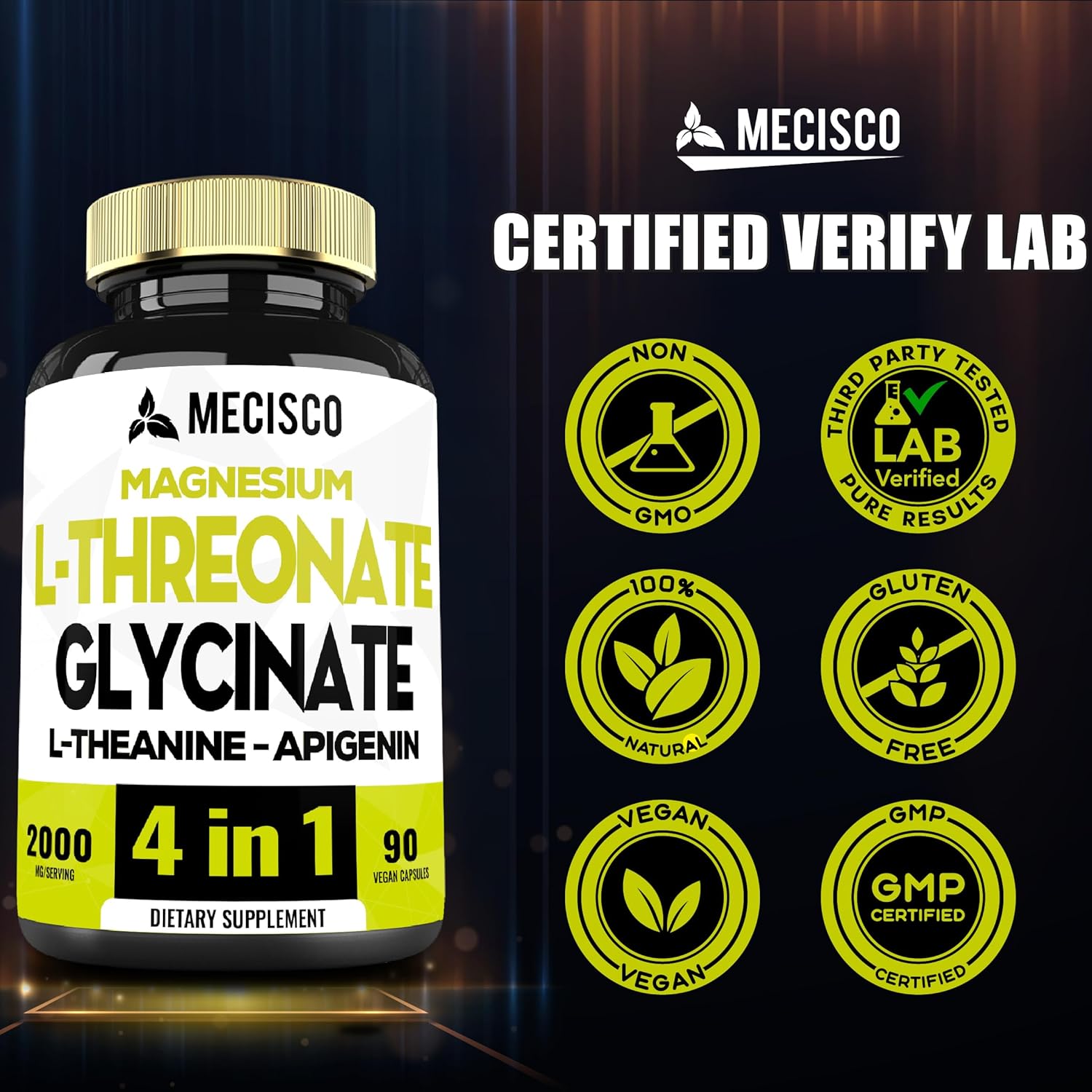 90 cápsulas  Suplemento de treonato de magnesio L de 2000 mg con glicinato de magnesio, L-teanina y apigenina  Estado de ánimo positivo, salud