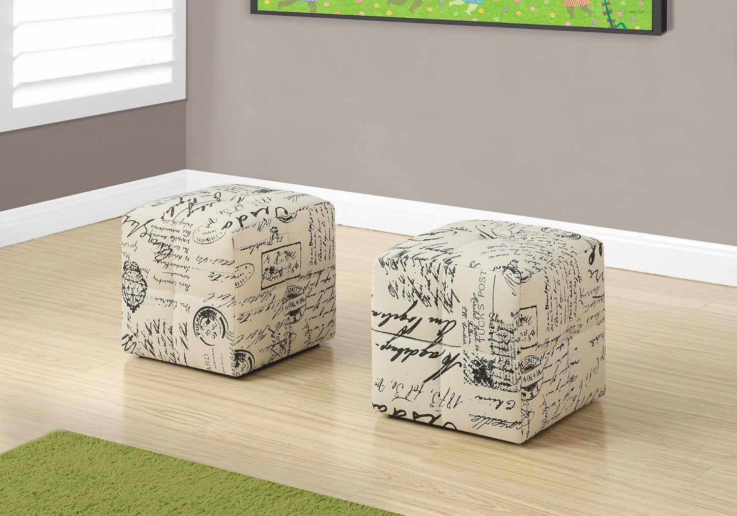 Monarch Specialties I 8162 Puf infantil con forma de cubo – Juego de 2 – Otomana tapizada para niños, 12 pulgadas de alto, tela francesa vintage
