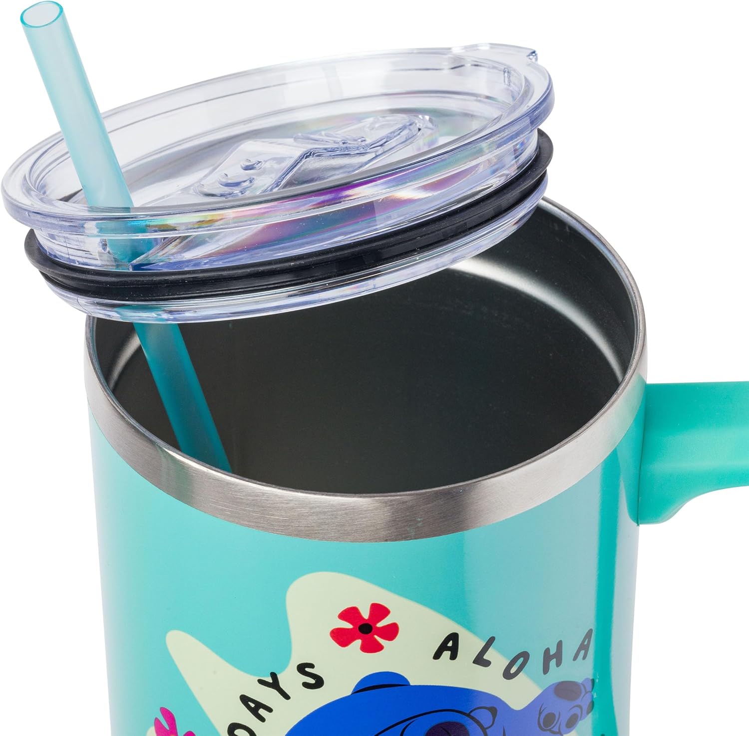 Silver Buffalo Disney Lilo and Stitch Aloha – Vaso de acero inoxidable con asa y pajilla, se adapta al portavasos estándar, 40 onzas