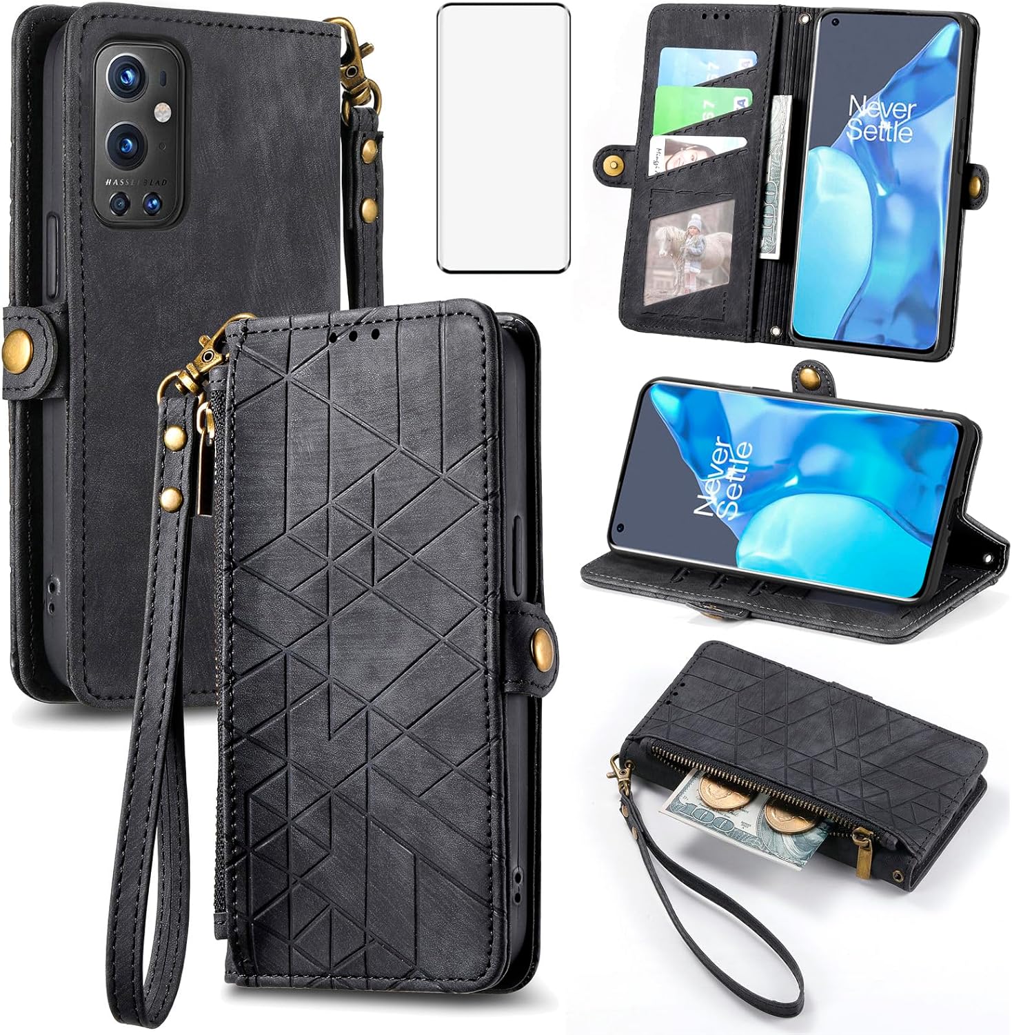 Asuwish Funda para teléfono OnePlus 9 Pro One Plus 9Pro 5G con protector de pantalla de vidrio templado y soporte de tarjeta de crédito con