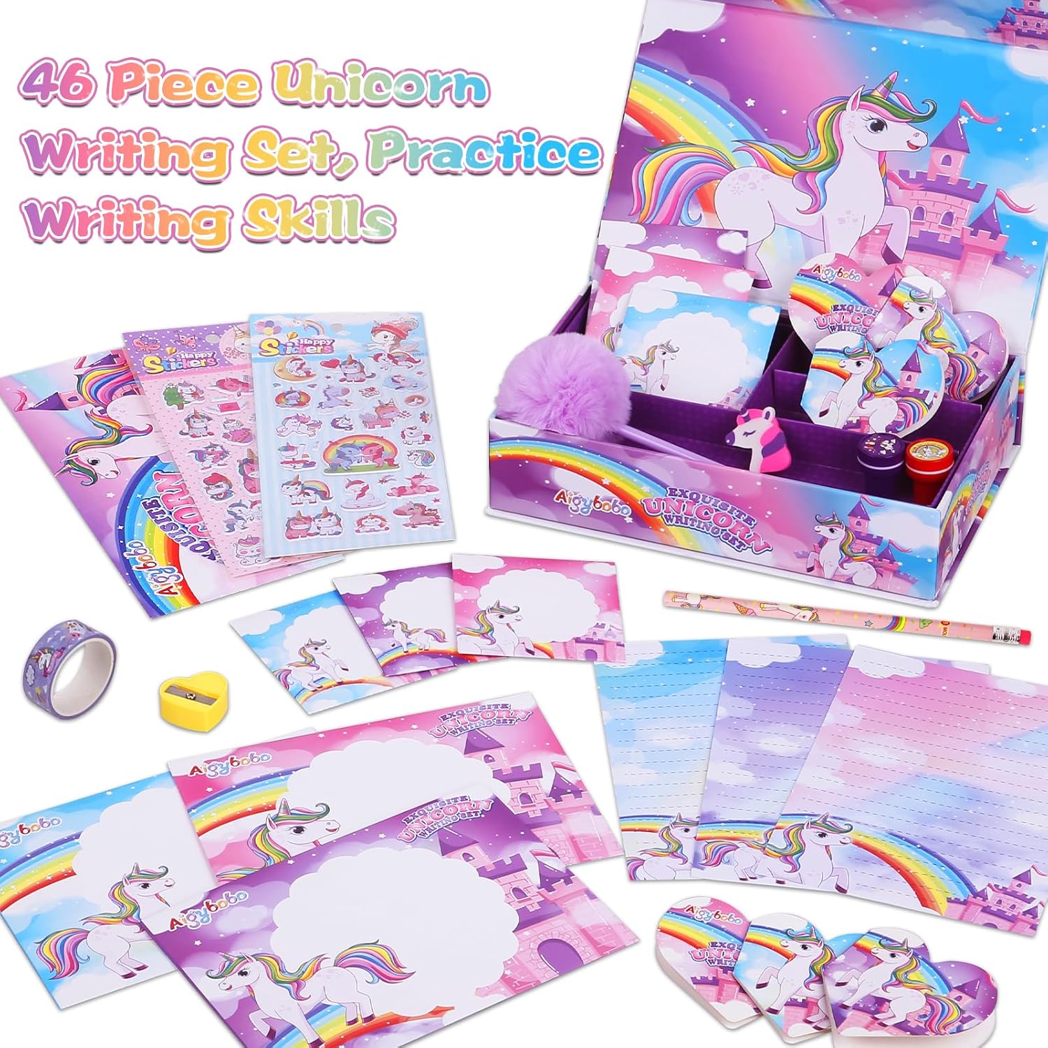 Regalos de unicornios para niñas, juego de papelería para niños, kit de escritura de 46 piezas, regalos de Navidad para niñas de 8, 9, 10, 11, 12