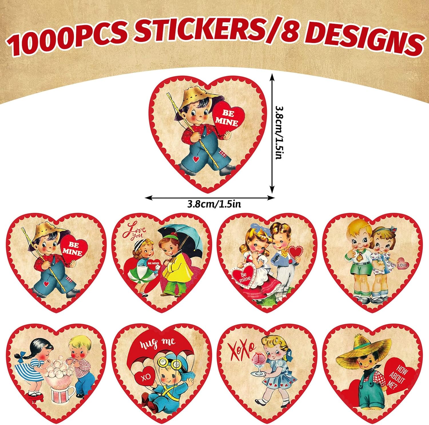 Whaline 1000 calcomanías para el día de San Valentín, estilo vintage, con forma de corazón, autoadhesivas, rollo de estilo retro, calcomanías de
