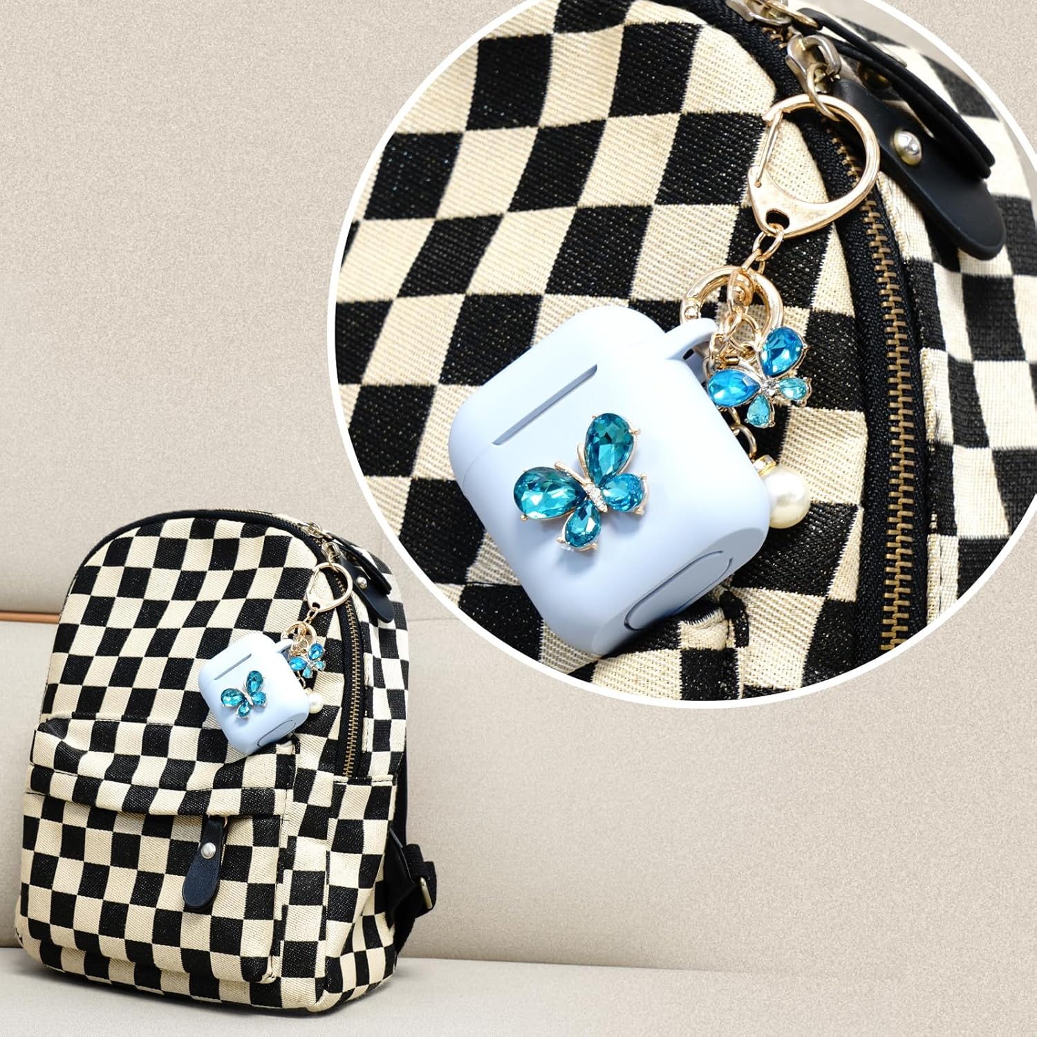 Wonhibo Funda de silicona para Airpod 1 y 2 de Apple, diseño de mariposas, color azul con llavero