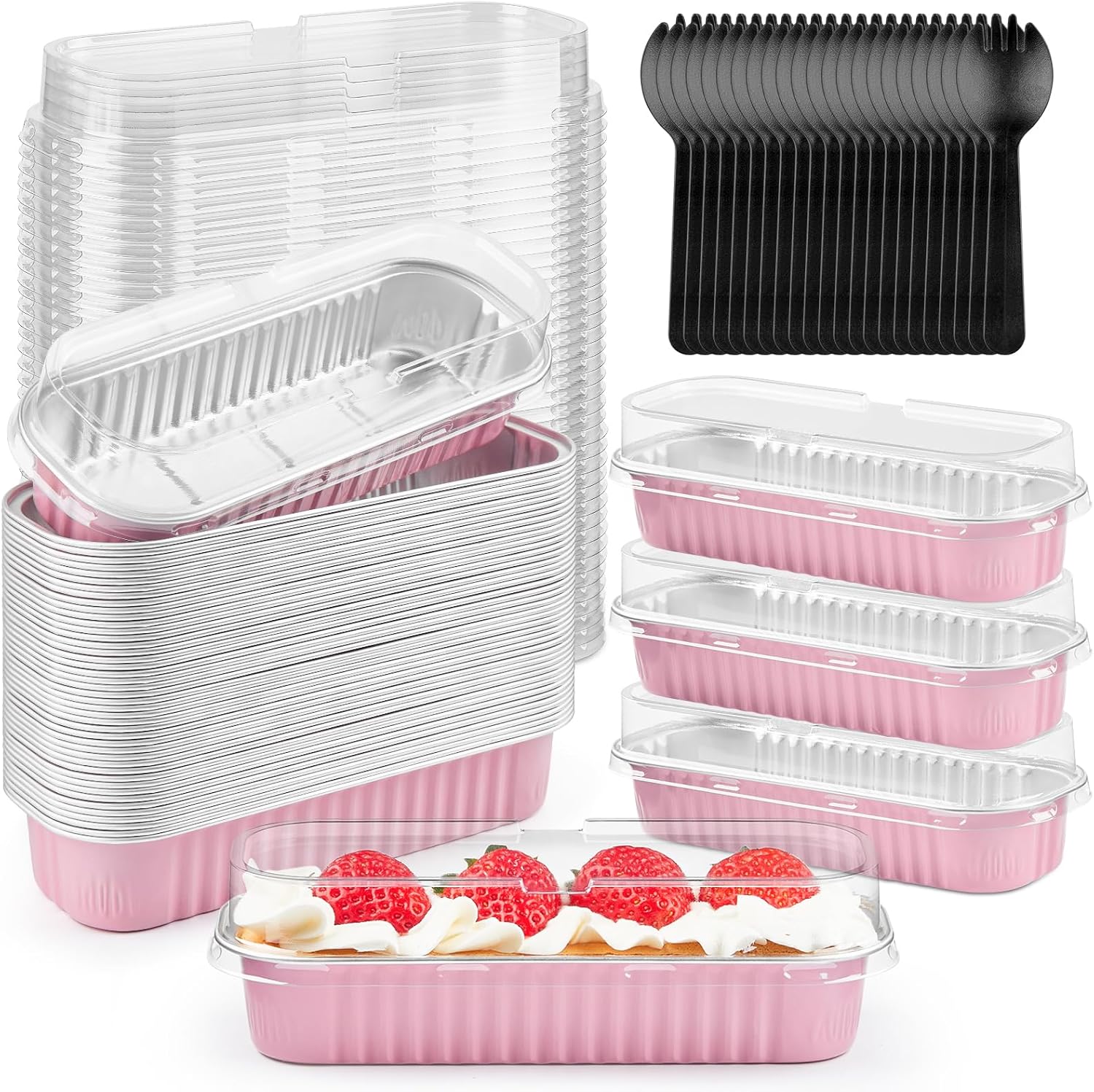 Mini moldes para pan de 6.8 onzas con tapas y tenedores, paquete de 50 recipientes rectangulares de papel de aluminio para hornear pasteles, moldes