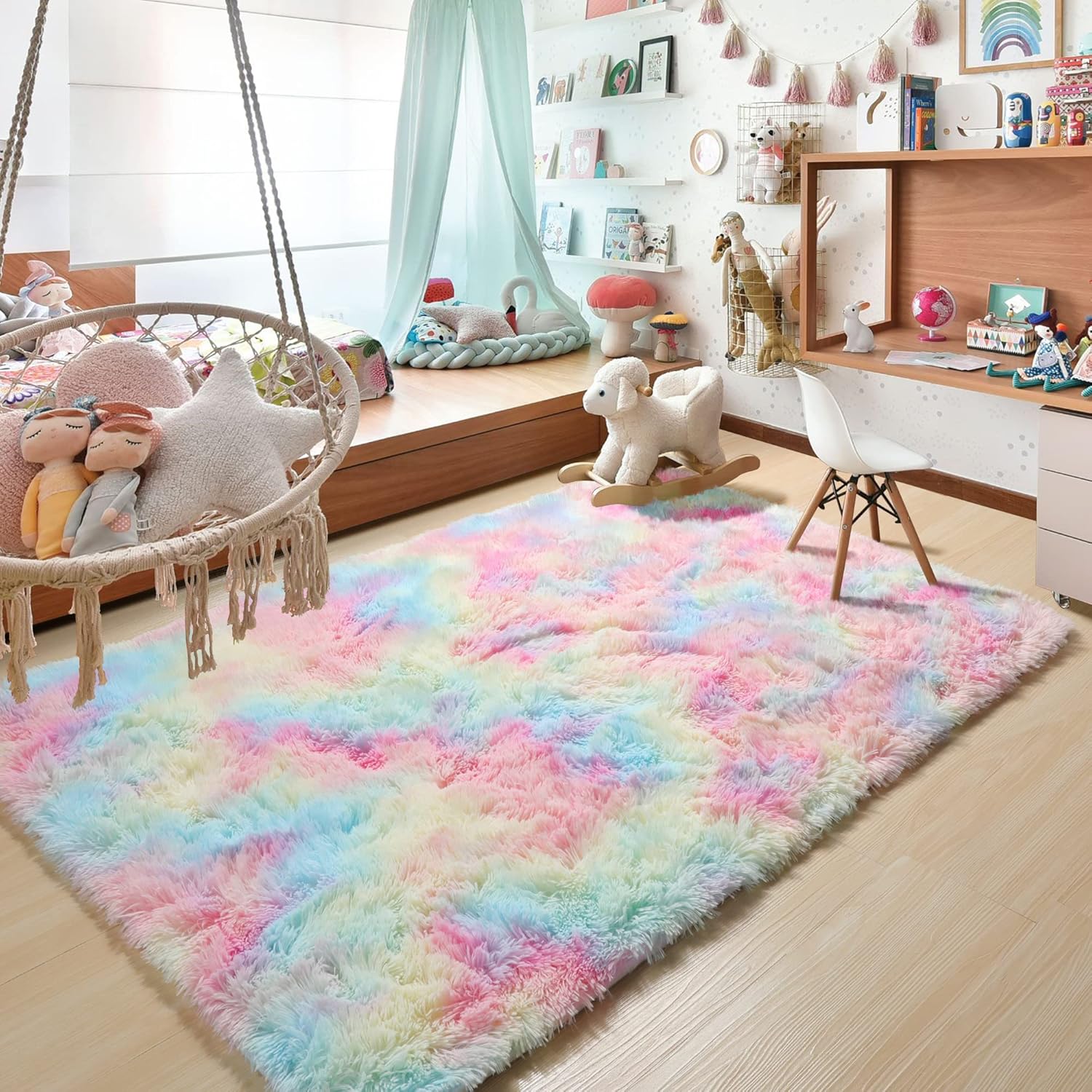 RUGTUDER Alfombra de área para sala de estar, 6 x 9 pies, alfombra esponjosa de arcoíris para dormitorio, lindas alfombras de pelo largo para niñas,