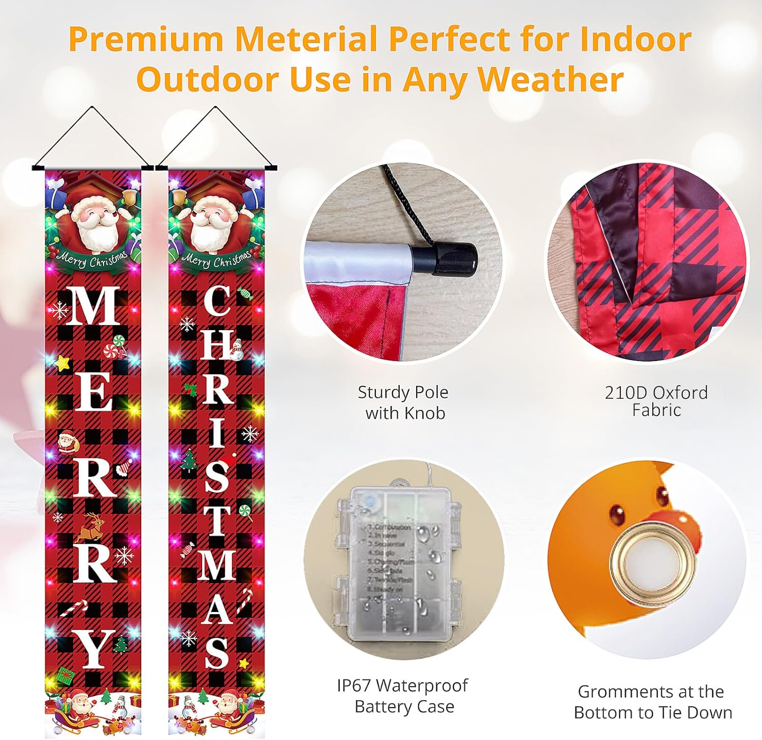 Decoraciones de Navidad para exteriores, letrero reversible para porche con cadena de luces, carteles colgantes de Feliz Navidad para puerta