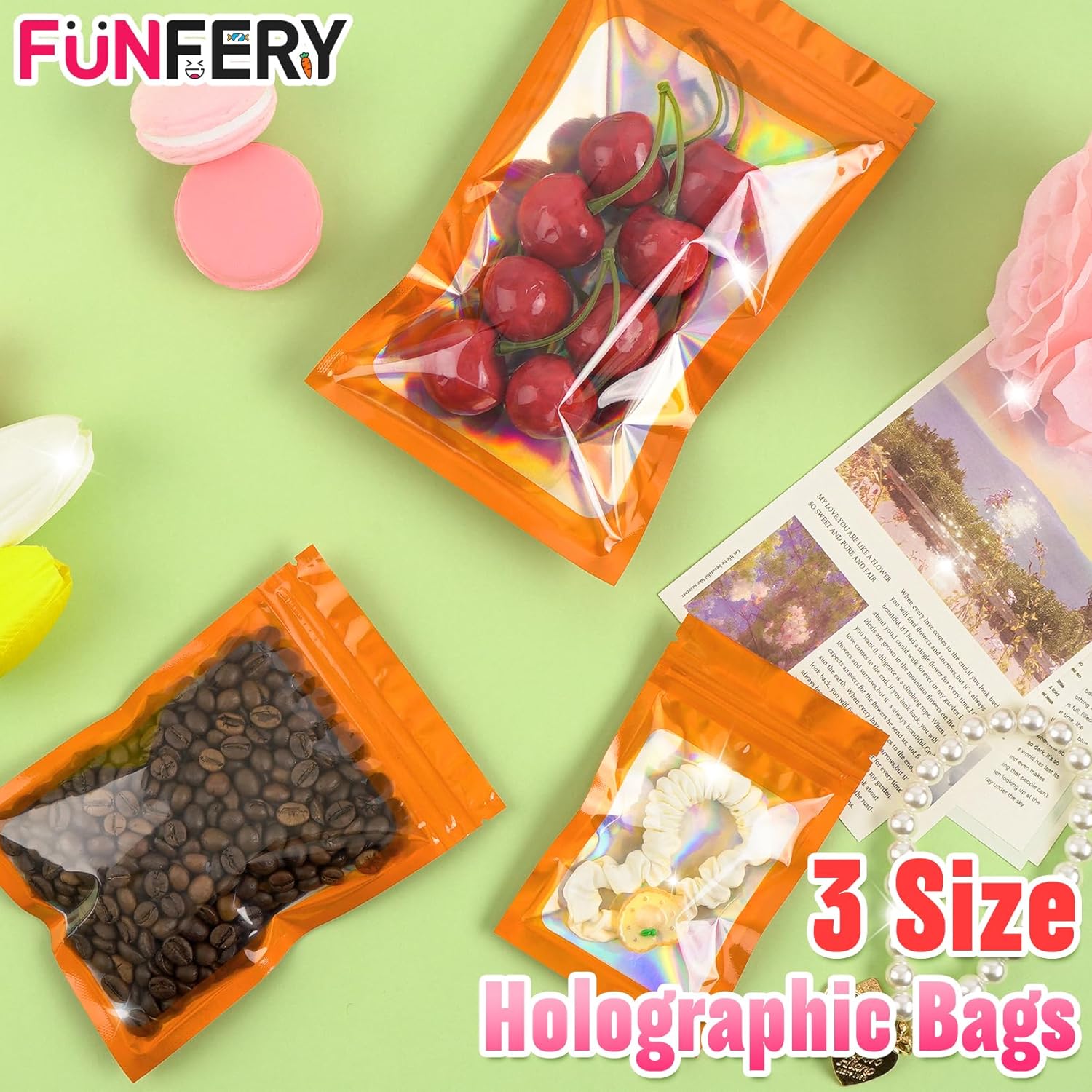 Funfery Paquete de 300 bolsas holográficas de Mylar de 3 tamaños con ventana transparente, bolsas resellables, bolsas a prueba de olores, bolsas de