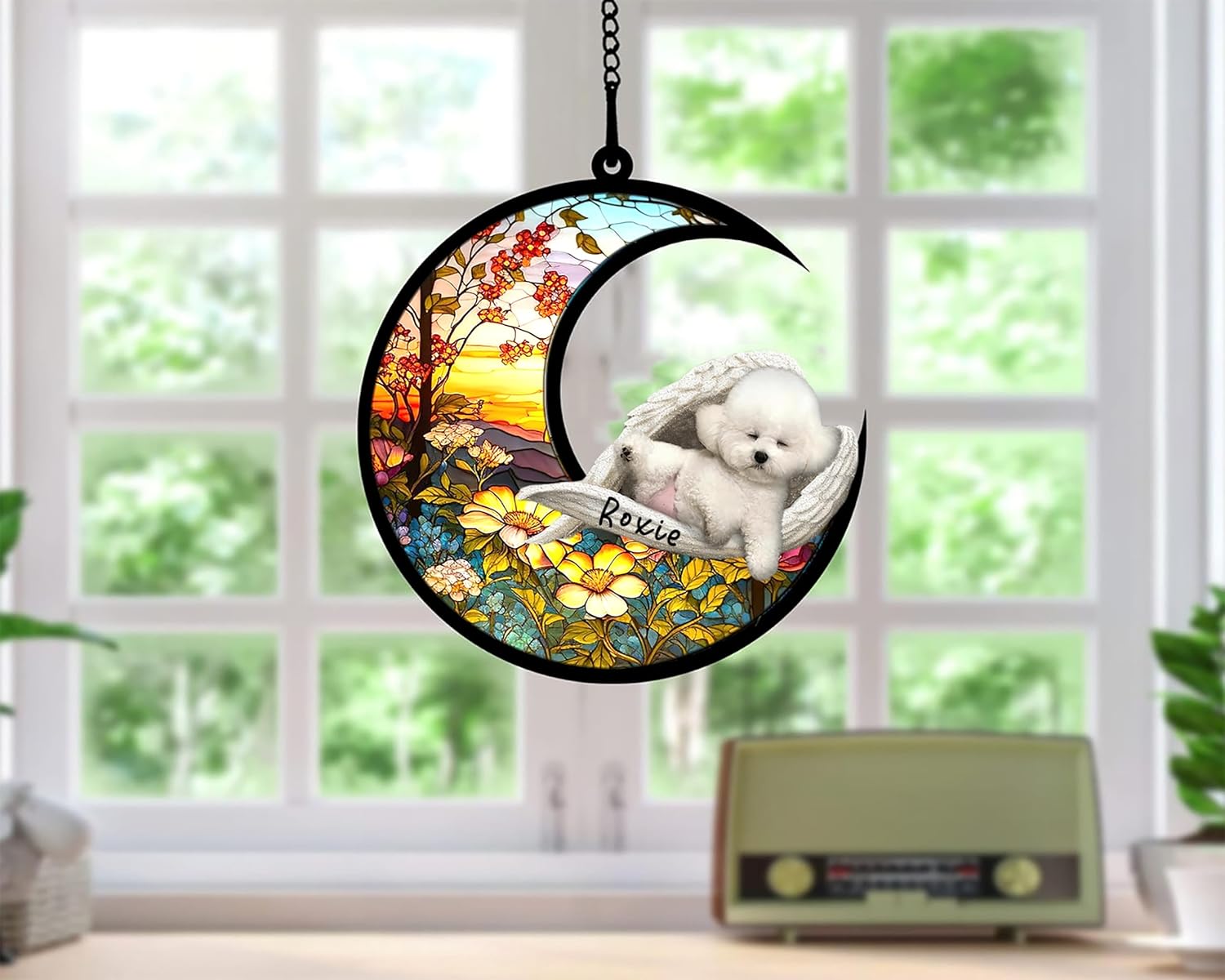 Atrapasoles personalizado para perros Bichon Frise, adorno de Navidad con nombre, atrapasueños de mascotas, regalos para los amantes de los perros,