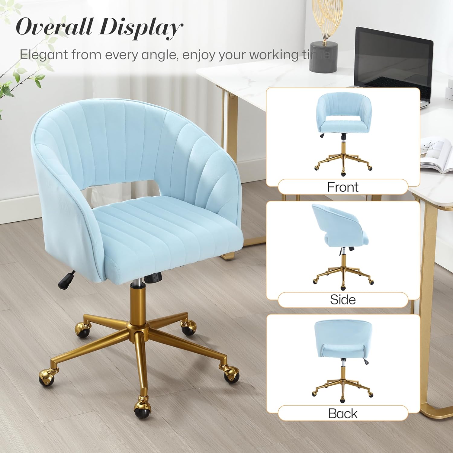 Homedraft Silla de escritorio giratoria para oficina en casa, moderna silla de escritorio de terciopelo, sillón de altura ajustable con base dorada,
