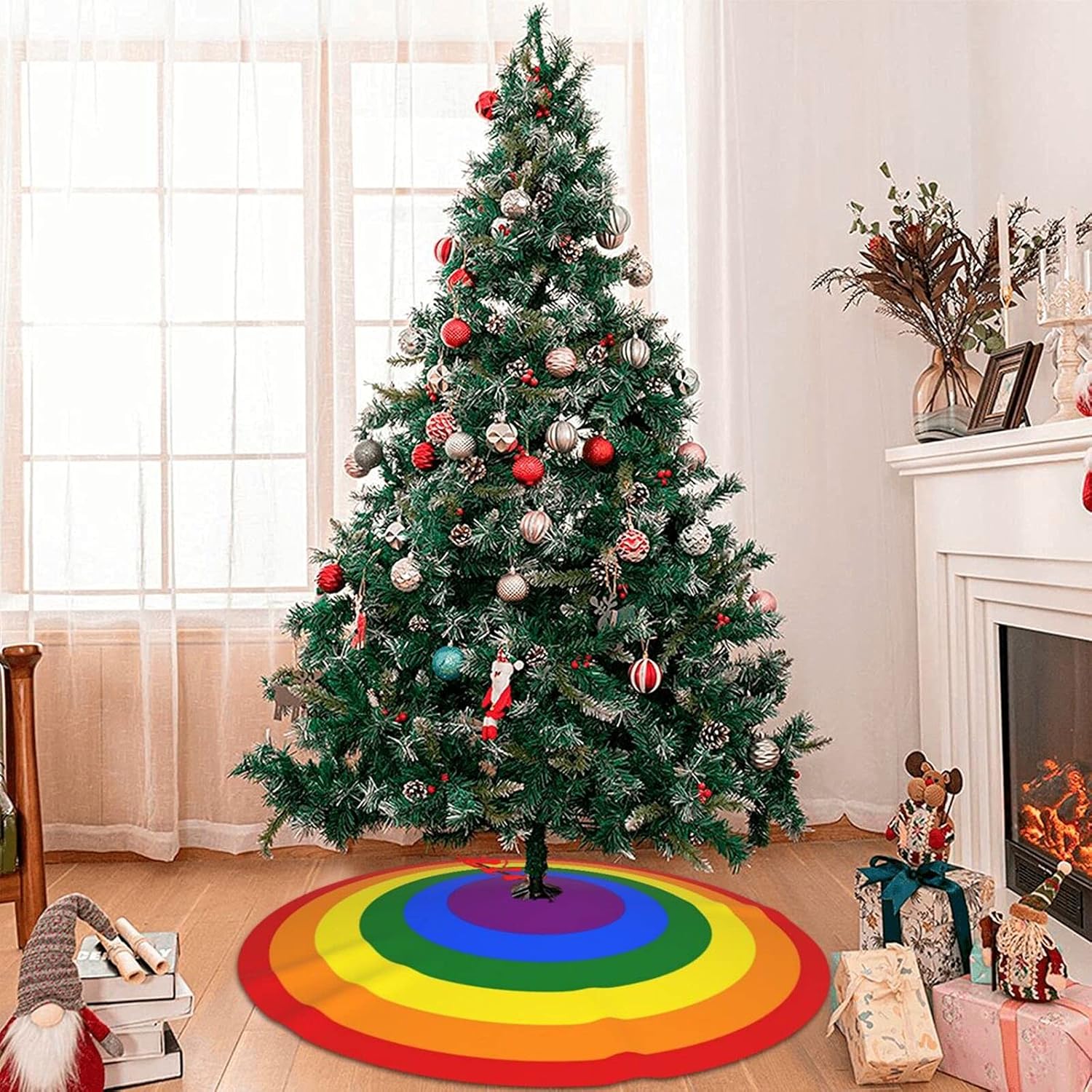 Falda de árbol de Navidad de 36 pulgadas, con anillos de arco iris, para decoración de Navidad, vacaciones, Año Nuevo, fiesta, árbol, decoración