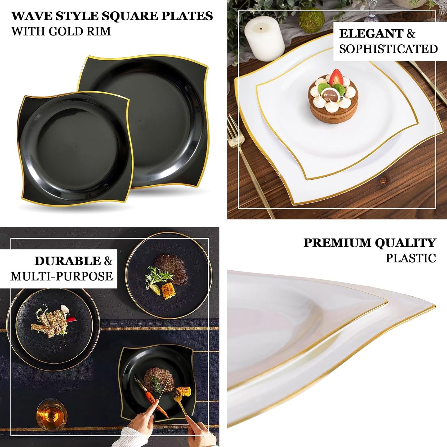 Efavormart – Paquete de 10 platos llanos cuadrados de plástico duro con borde ondulado blancodorado de 8 pulgadas, platos desechables para fiestas